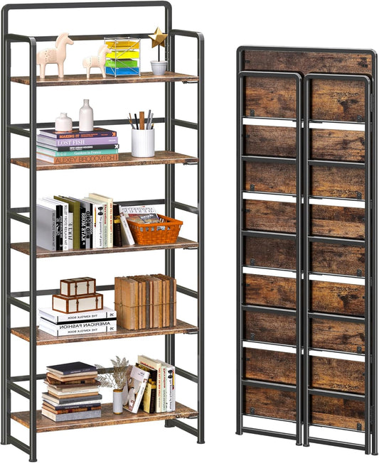 4NM No-Assembly 5 Tiers Folding Bookshelf Storage Shelves Vintage Bookcase Standing Racks Study Organizer Home Office (Rustic Brown Black)