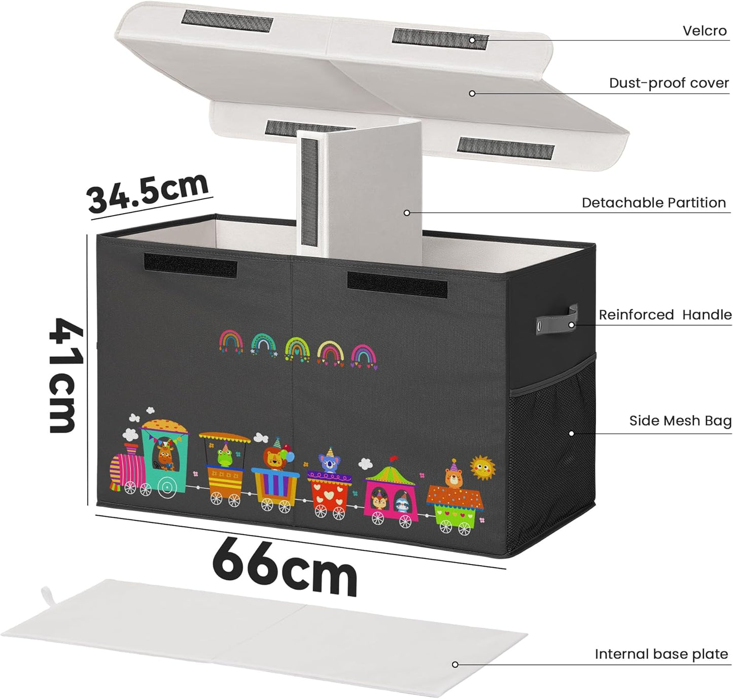 80L Large Toy Storage Box with Lid, Large Toy Box Chest Kids, Girls and Boys, Nursery Room and Living Room, 26"x13" x16" (black-train)