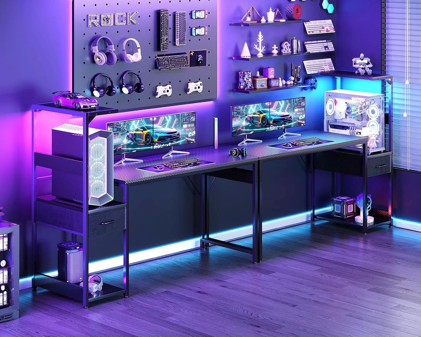 Casaottima 54 Inch Gaming Desk with Storage & LED Lights, Reversible Computer Desk with Display Shelves & Fabric Drawer, Modern Gamer Desk Table with Side Headphone Hook, Carbon Fiber Black