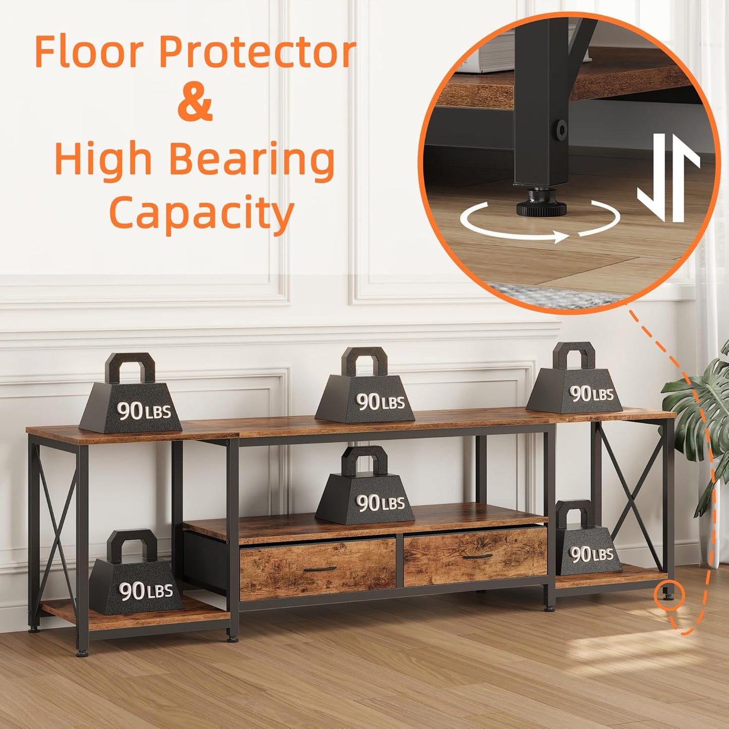 TV Stand with Fabric Drawers - Entertainment Center and Industrial Console Table with Open Storage Shelves for Living Room, Bedroom - 71.5" Rustic Brown