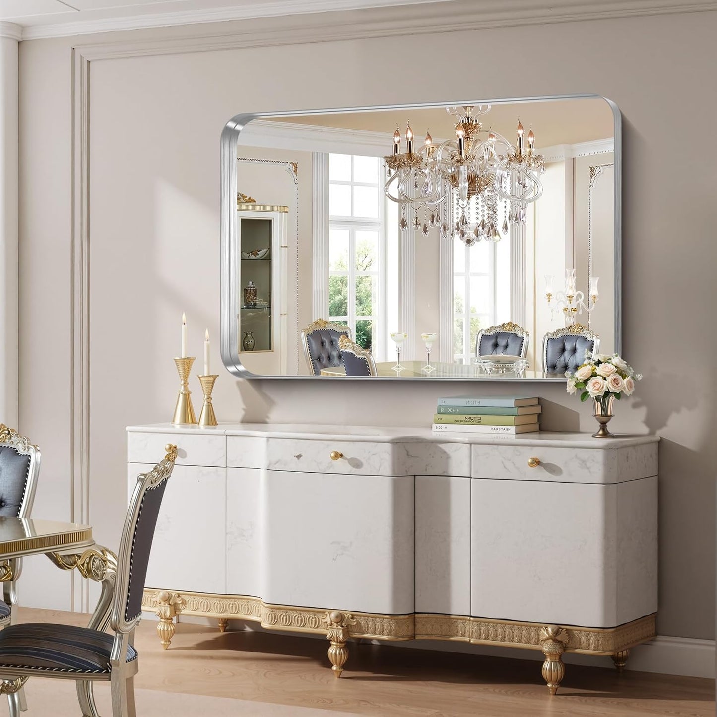 FORBATH 55x36 Inch Large Bathroom Mirror for Double Sinks, Brushed Silver Deep Frame Wall Mirror with Rounded Corners, Anti-Rust Tempered Glass for Modern Farmhouse Vanity (Horizontal/Vertical)