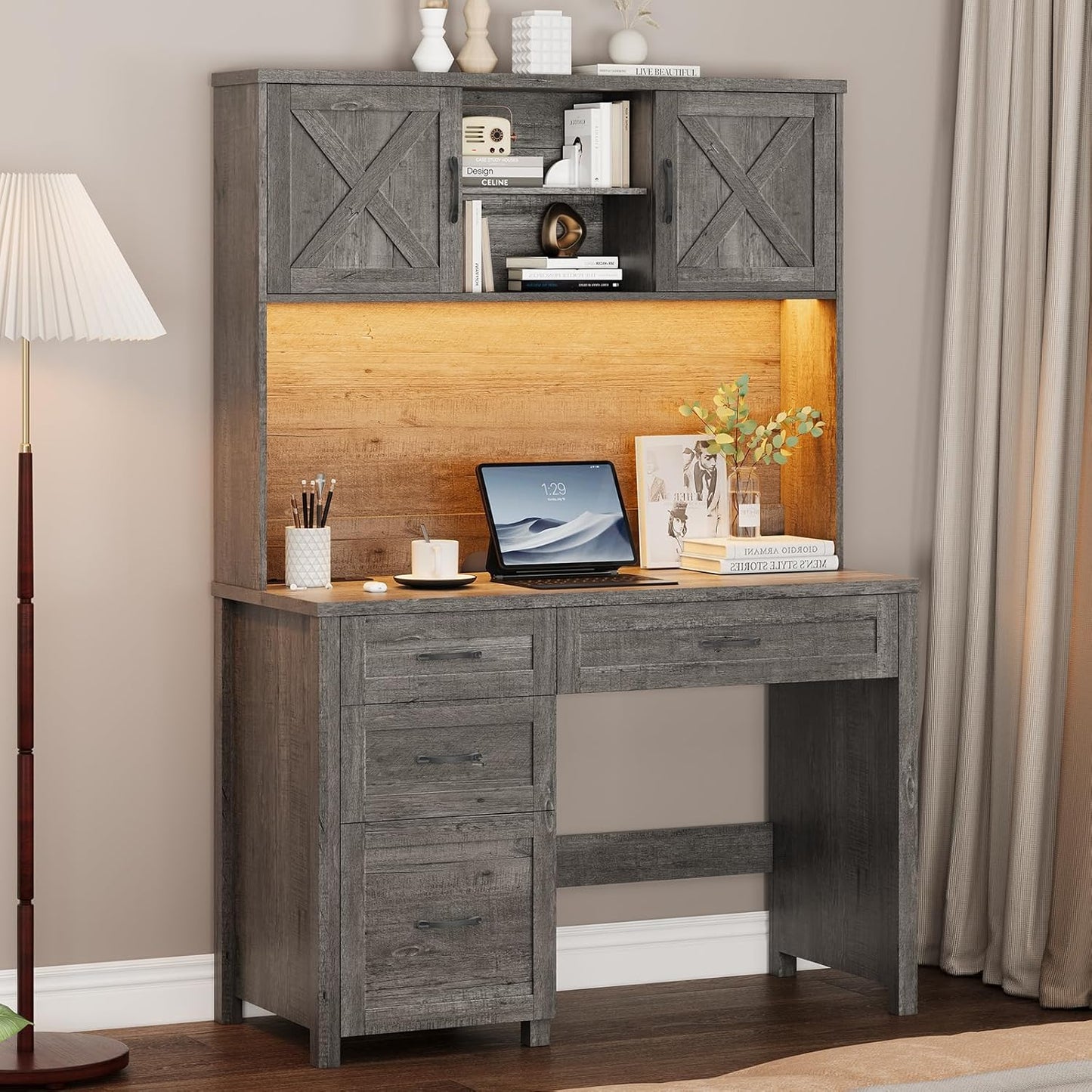 Farmhouse 67" H Executive Desk with Hutch,Office Desk with 4 Drawers and LED Light, Computer Table with Storage Cabinet & File Drawers and Charging Station, Wood Workstation for Home Office and Study