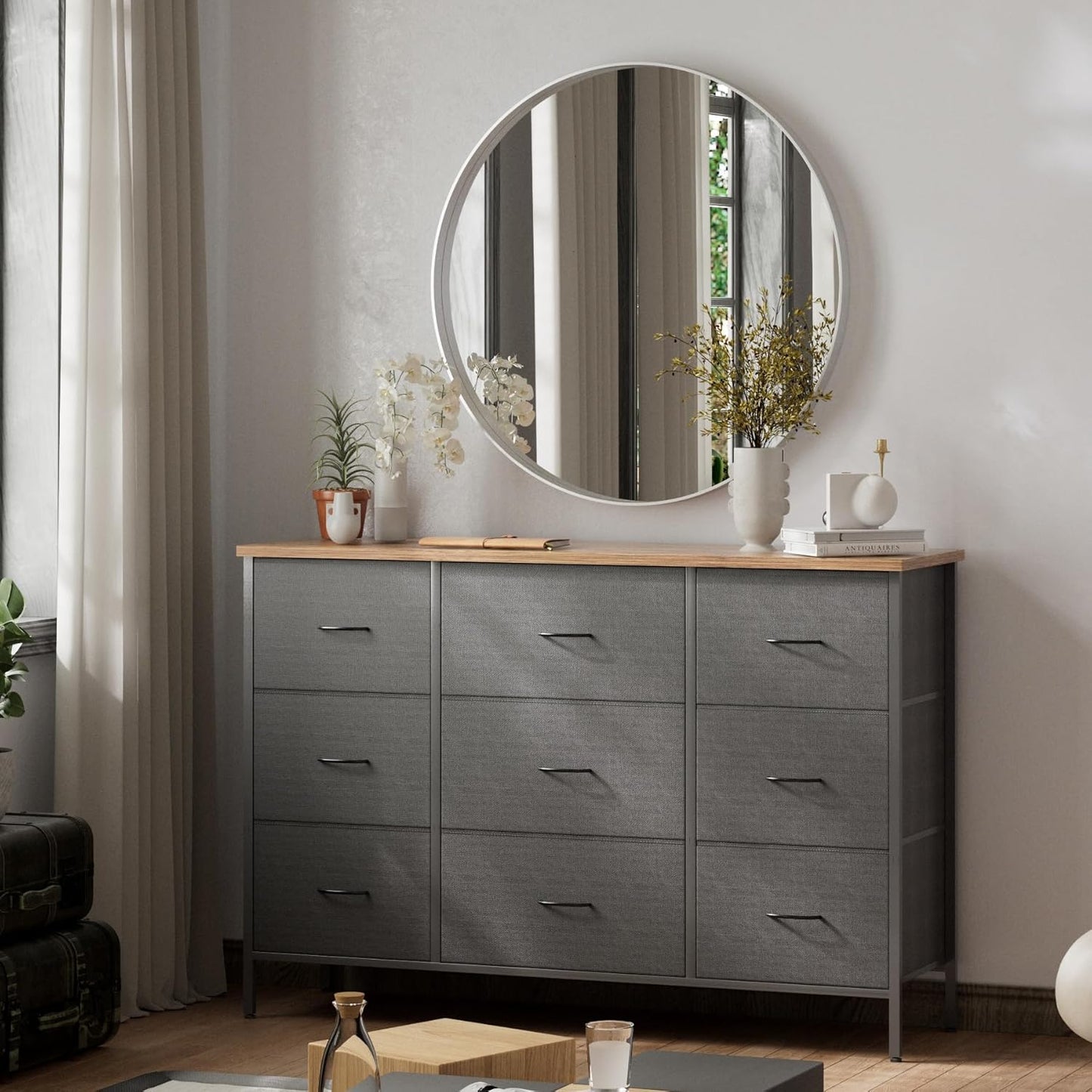 Wide TV Stand for Bedroom, Dresser with 9 Deep Drawers, Fabric Storage Cabinet, Modern Chest of Drawers for Closet, Nursery, Living Room（Black）