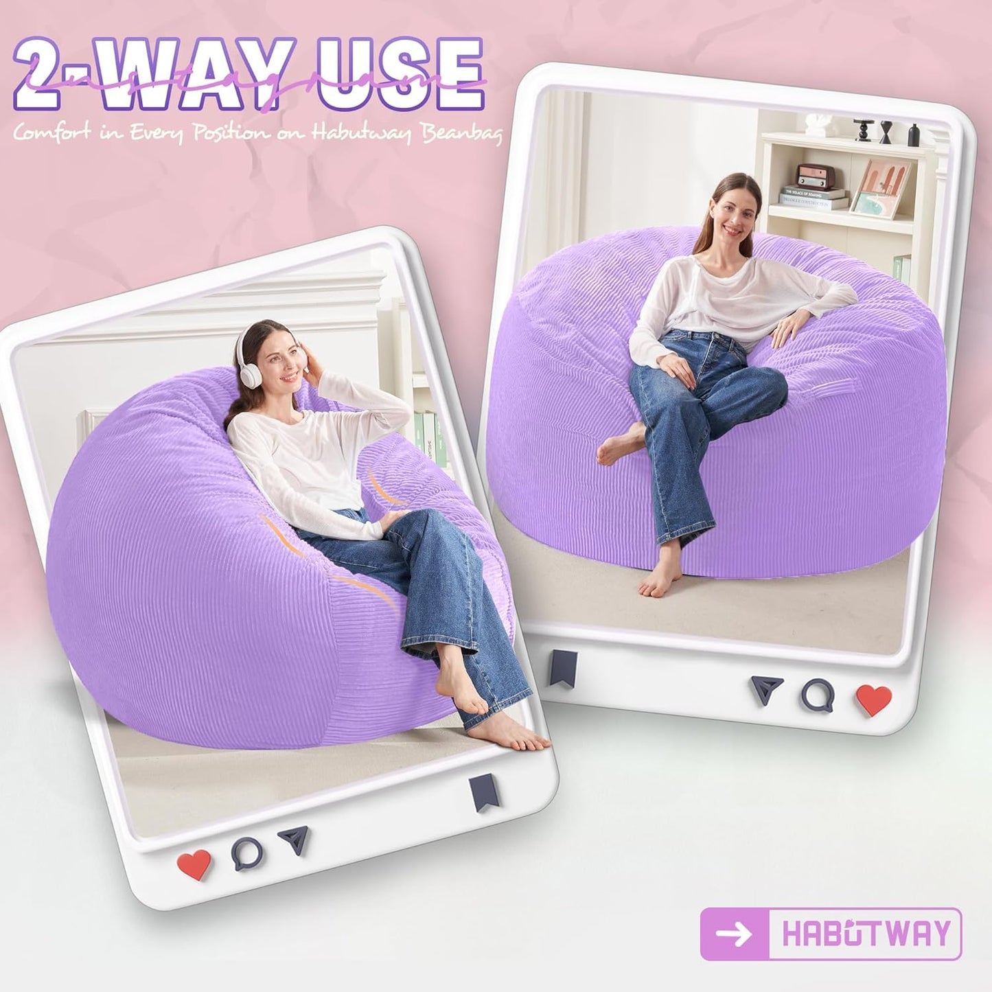 HABUTWAY 4FT Bean Bag Chair,Giant Bean Bag Chairs for Adults,Big Bean Bags with Memory Foam Filled, Large Beanbag Chairs with Soft Corduroy Cover-Purple