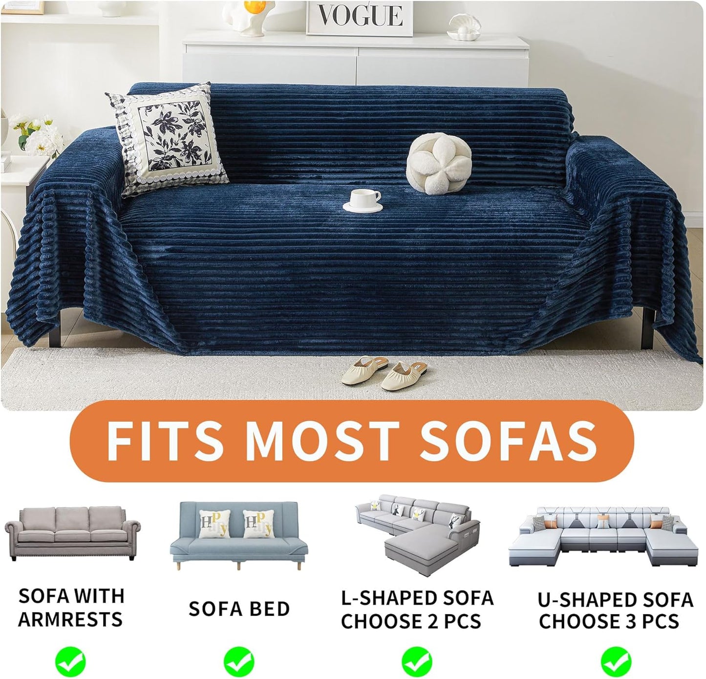 HAOMAIJIA Faux Fur Sofa Covers Couch Covers for 2 Cushion Couch Sofa Pet Friendly Soft Non Slip Couch Cover for Dogs Washable Sectional Couch Covers L Shape Furniture Protector (Navy Blue, 91"x118")