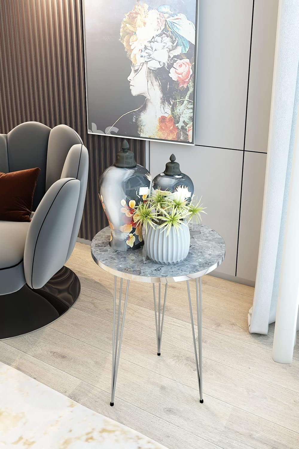 PAK HOME Set of 2 End Tables Round Wood Sofa Side Coffee Tables for Small Spaces, Nightstand Bedside Table with Metal Legs for Bedroom, Living Room, Office (Grey Marble High Gloss/Silver Legs)