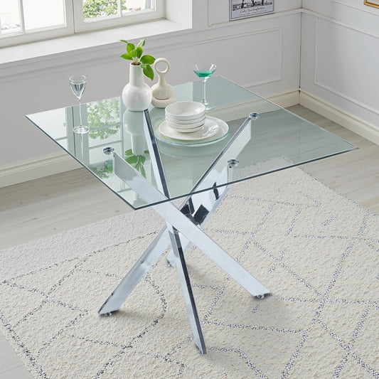 Dining Table for 4 Modern 35.43" Rectangular Glass Dining Table Kitchen & Dining Room Tables with Metal Base for Dining Room and Apartment, Chrome