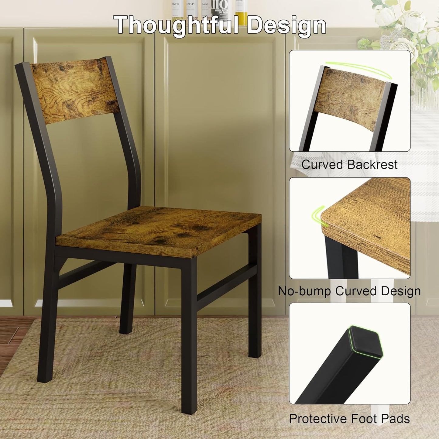 Feonase Dining Chairs Set of 6, Modern Kitchen Chairs with Ergonomic Backrest, MDF Board and Metal Legs, Dinner Chairs for Dining Room, Kitchen and Living Room, Rustic Brown