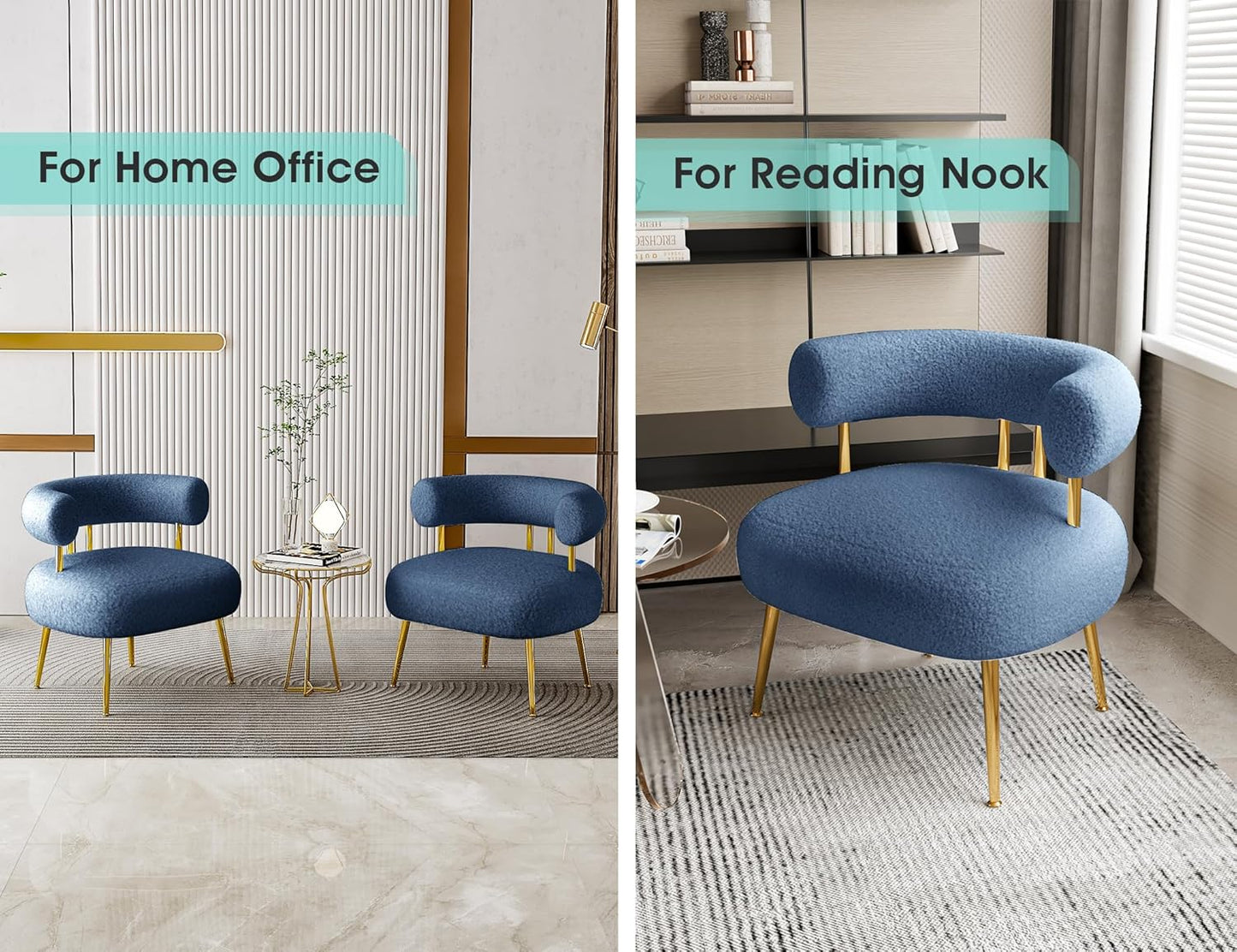 Mid Century Sherpa Boucle Accent Chair, Round Upholstered Barrel Arm Chair for Small Spaces, Fluffy Side Corner Sofa Chair for Living Room, Bedroom, Vanity, Office, Reading Nook(Navy Blue)