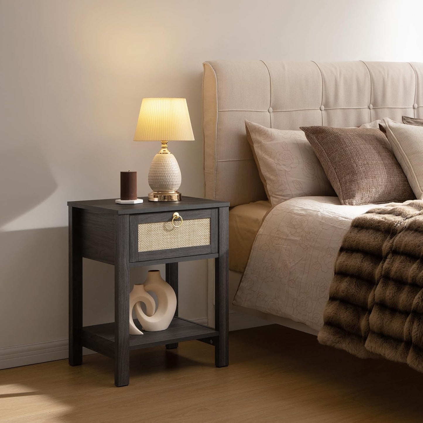 SICOTAS Rattan Nightstand, Rattan Decor Drawer with Brass Knobs Night Stand Bedside Table Boho End Tables Side Tables with Storage Shelf for Bedroom,Small Space