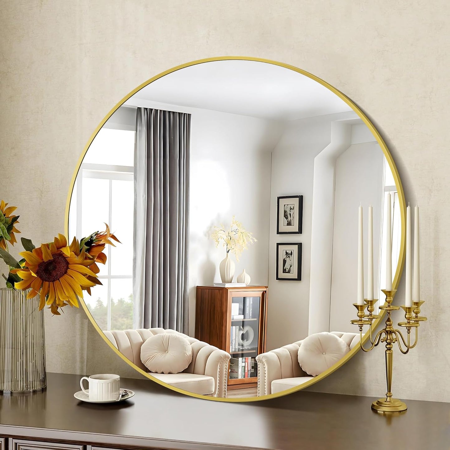 Gold Round Mirror, 39 Inch Wall Mounted Aluminum Alloy Metal Frame Mirror, Perfect for Bathroom, Entryway, Living Room