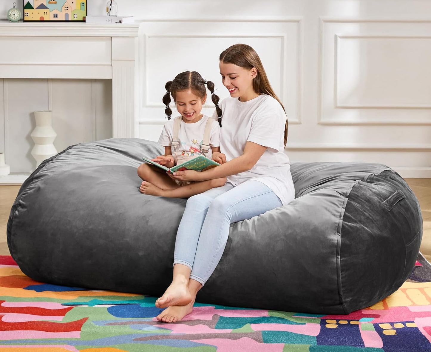 Hobestluk 5FT Bean Bag Chair Large Beanbag Lounger with Removable Cover Adult Bean Bag Chair with Portable Handle Desgin for Living Room Bedroom (Grey, 5FT)