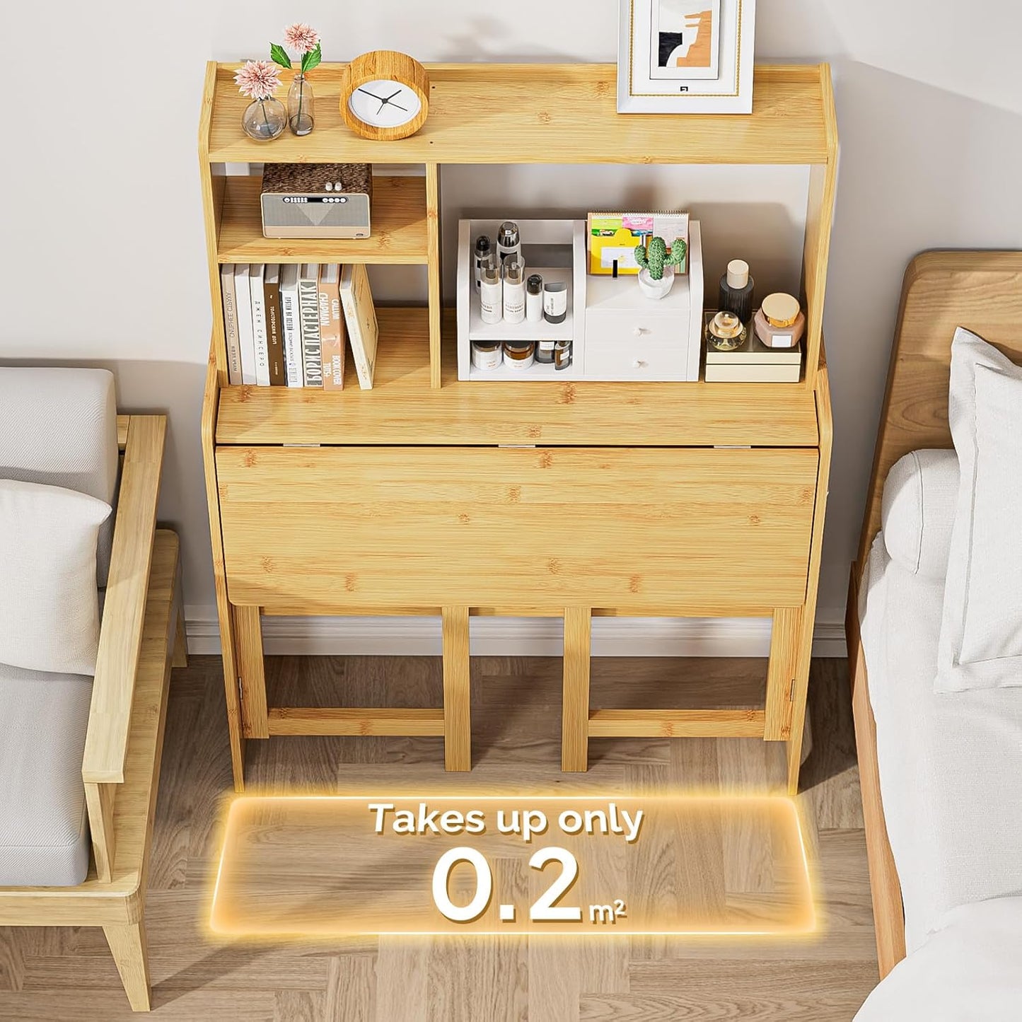 31.1" Bamboo Folding Desk with Bookshelf, Compact Computer Desk for Small Spaces, Foldable Study Desk with Storage Shelf, Space-Saving Home Office Desk for Bedroom, Dorm, Apartment,Natural