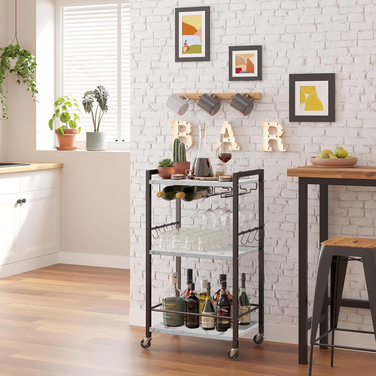 TUTOTAK Bar Cart, Home Bar Serving Cart, Small Wine Cart with 3-Tier Shelf, Beverage cart, Drink Cart with Wine Rack and Glass Holder, Rolling bar carts for Home, Living Room, Marble White BC01BM035