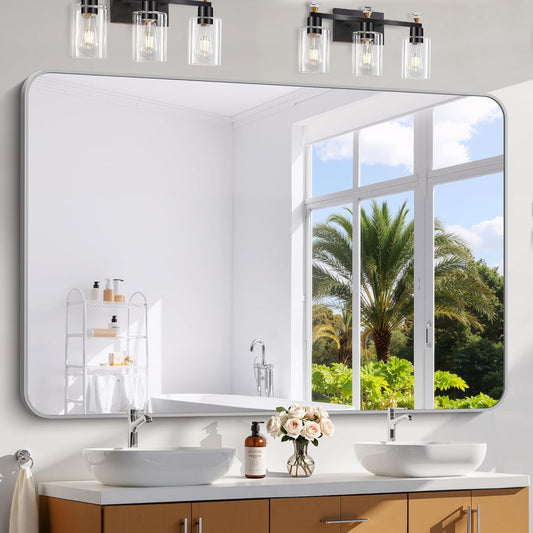 60x40 Inch Silver Bathroom Mirror, Large Rectangle Mirror, Metal Framed Rectangular Vanity Mirror, Rounded Corner Wall Mounted Mirror for Living Room Bedroom Entryway Horizontal or Vertical