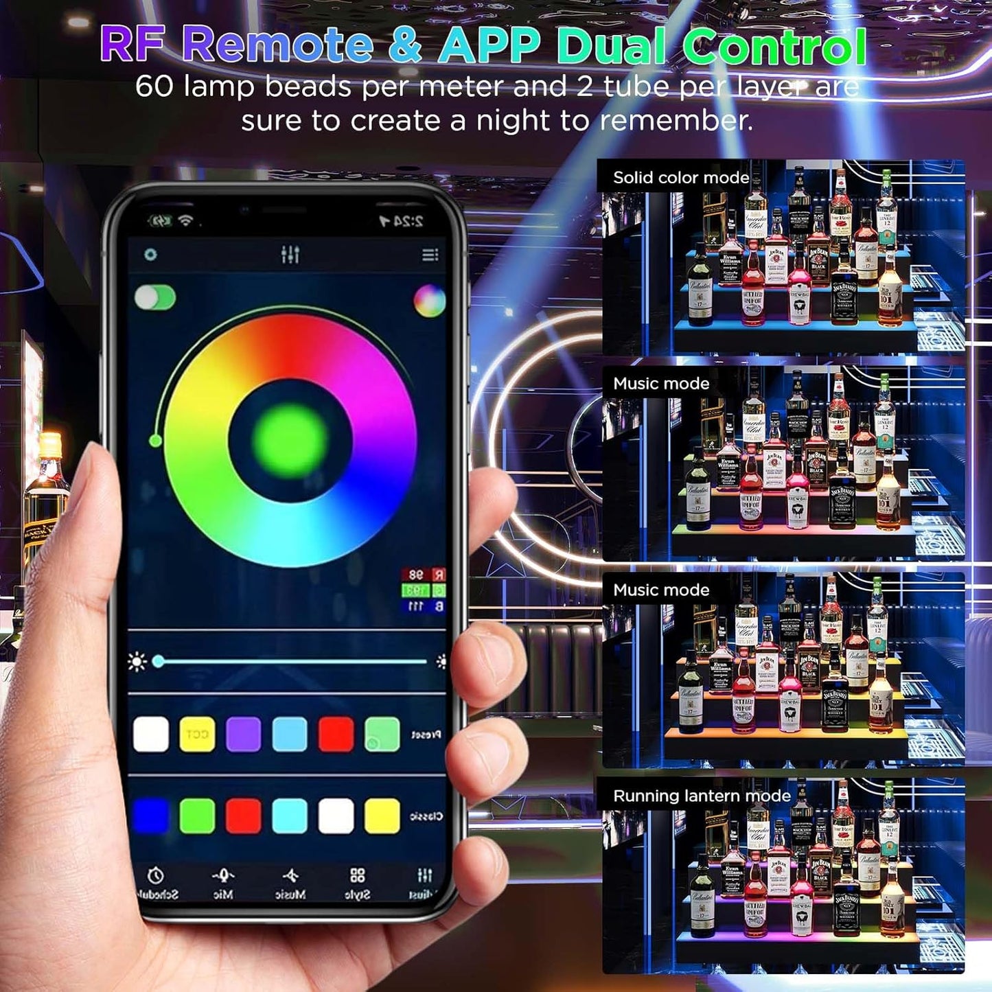 Dethan 2 Tier 20 Inch Liquor Bottle Display Shelf - L-Shape Corner Wine Racks with Multi-Color App & Remote Control, Adjustable Brightness & Sound Modes, Acrylic Bar Shelves for Displays