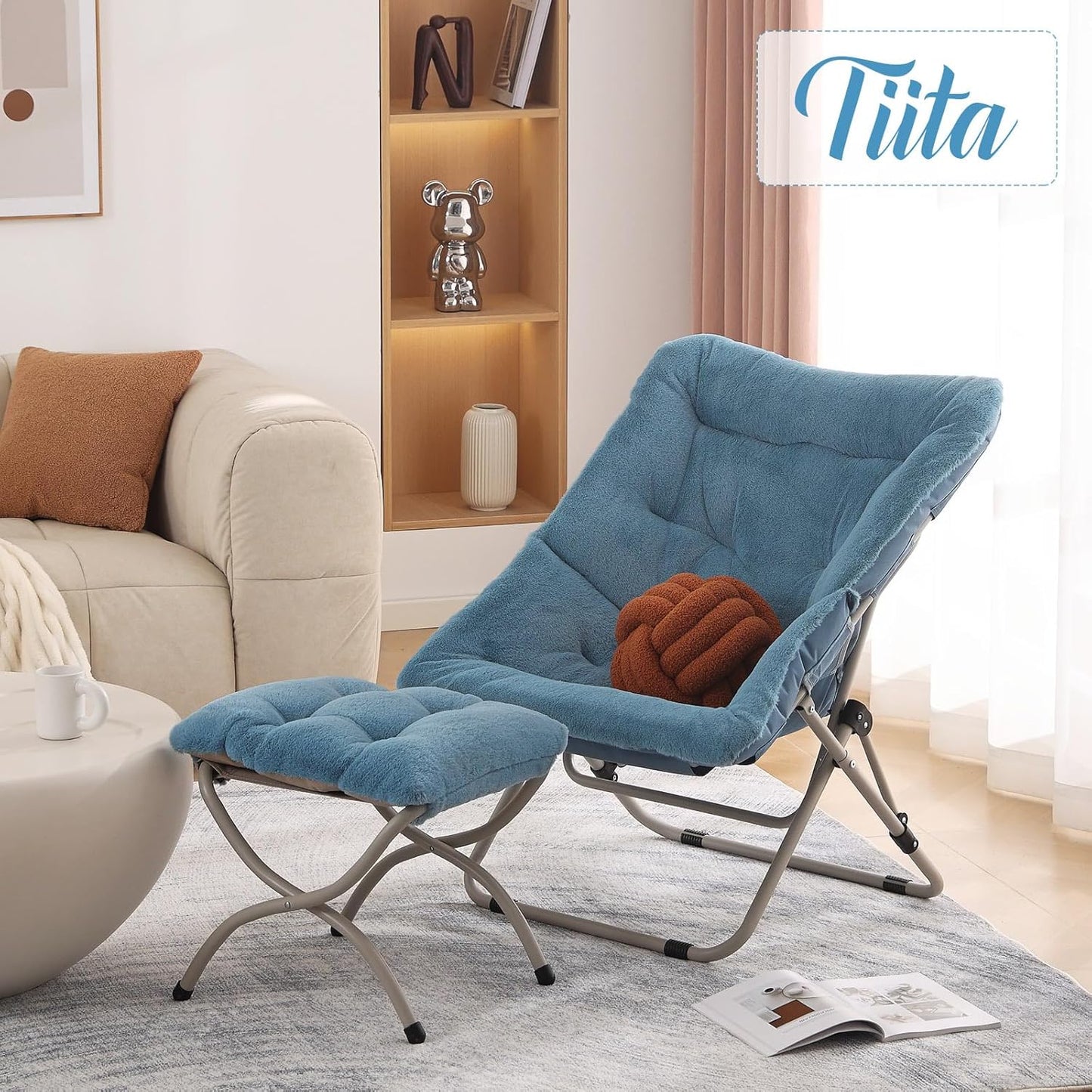 Tiita Folded Chair with Ottoman, Soft Faux Fur Oversized Folding Accent Chair,Lounge Lazy Chair, Metal Frame Moon Chair for Bedroom, Living Room, Dorm Rooms, Garden and Courtyard