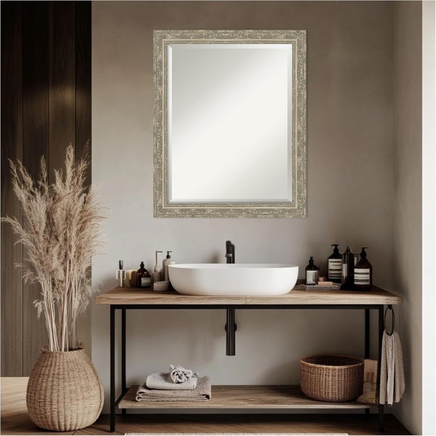 Amanti Art Bathroom Mirror for Over Sink, 27x33 Filigree Silver Rectangle Vanity Mirror, Large Traditional Frame, Hangs Horizonally and Vertically, Bathroom Wall Decor, Beveled Edge