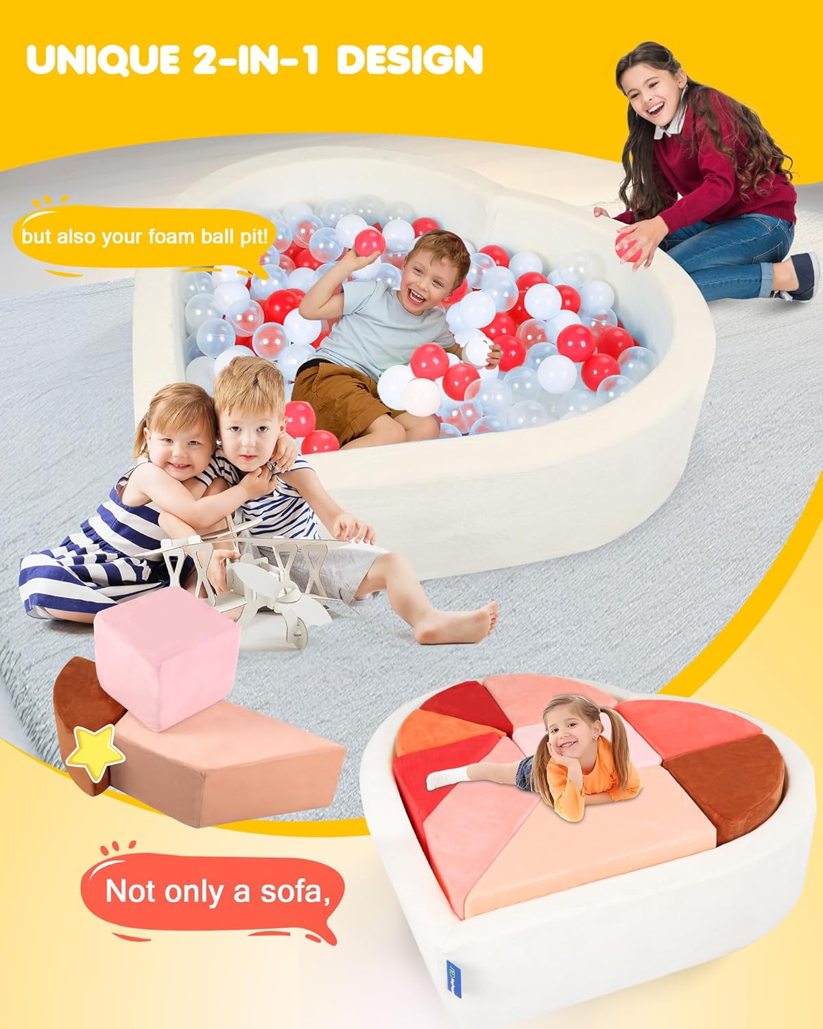 Kids Play Couch, 2-in-1 Heart-Shape Kids Plays Sofa with Unique Ball Pit(no Balls Included), Tangram Puzzle Play Couch for Playroom, Modular Play Sofa for Inspiring Creativity, Glow