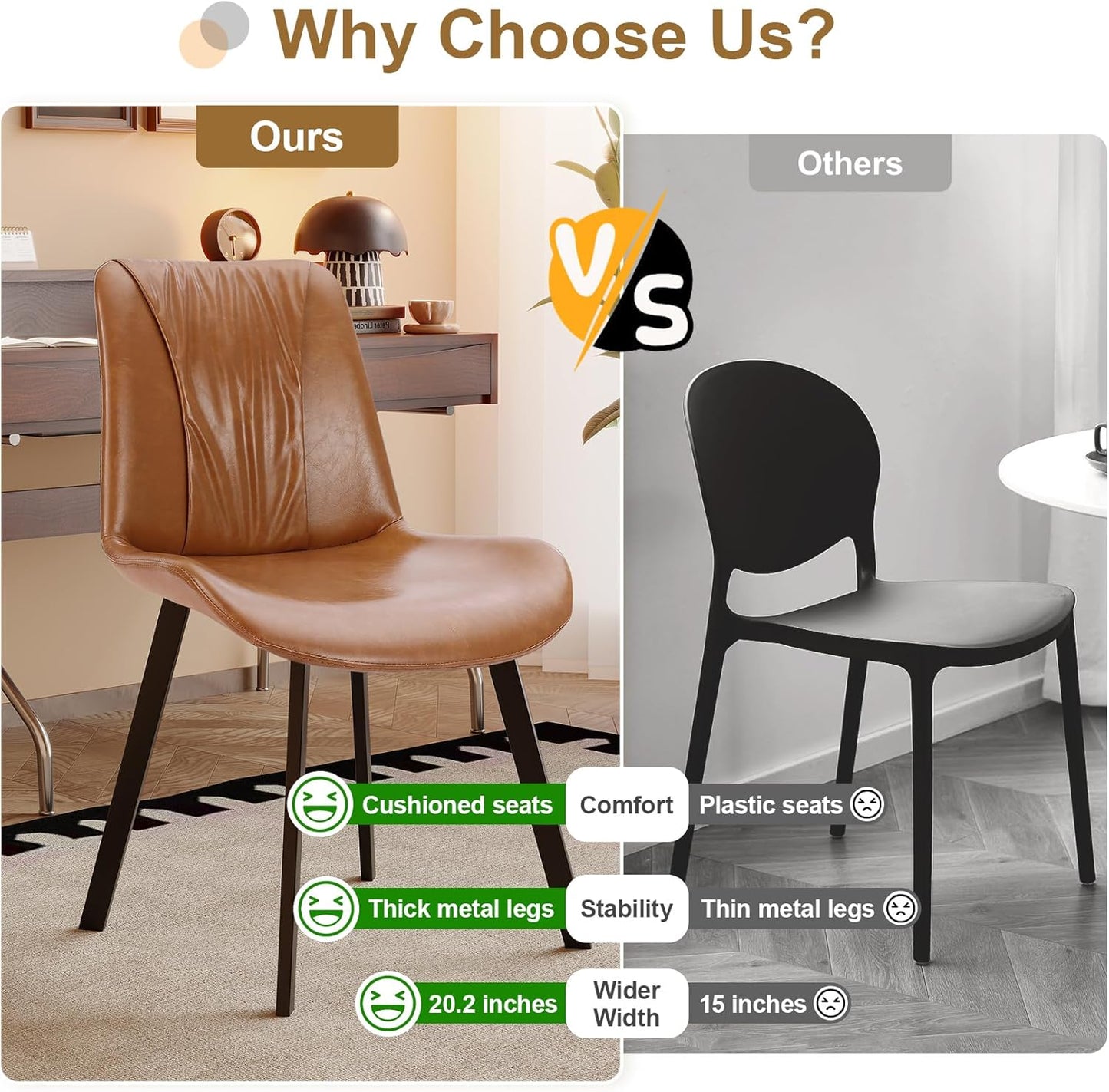 Upholstered Dining Chairs Set of 2, Modern Kitchen & Dining Room Chairs, Faux Leather, Sturdy Metal Legs, for Living Room, Cafe & Restaurant- Brown