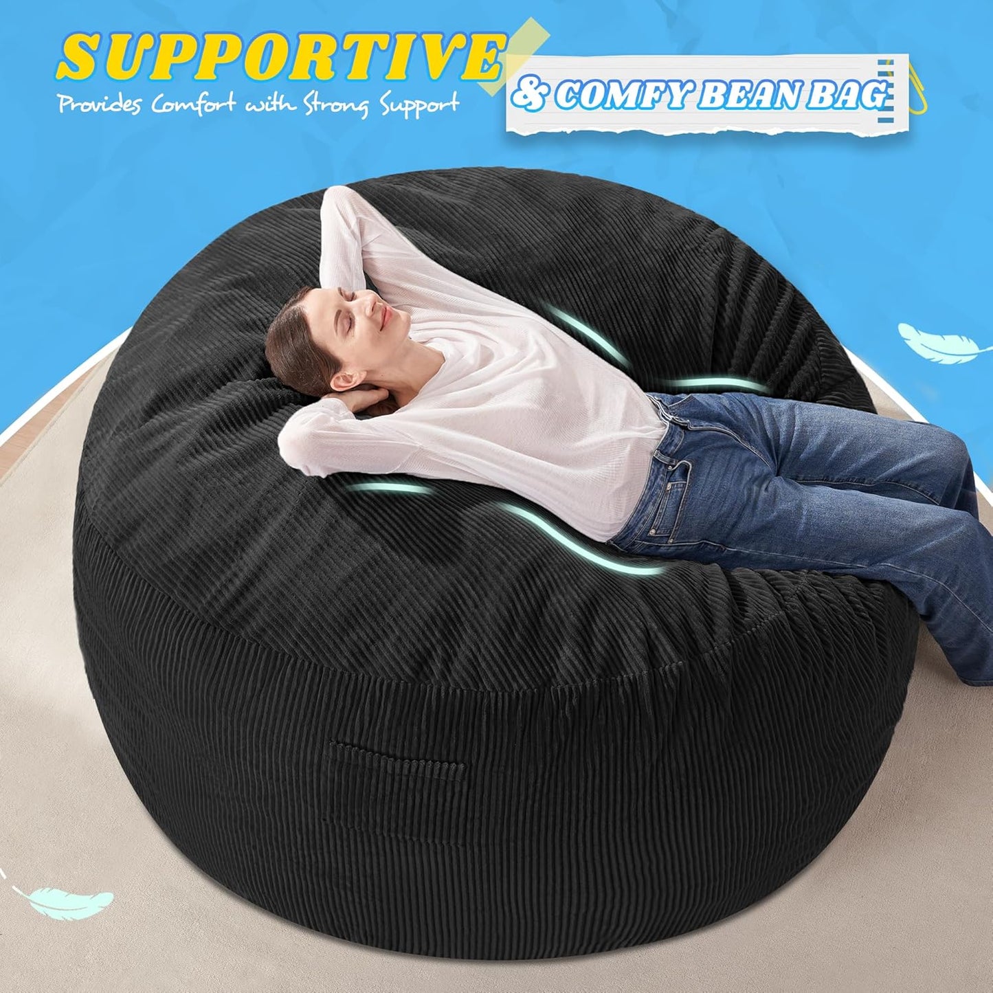 HABUTWAY 4FT Bean Bag Chair,Giant Bean Bag Chairs for Adults,Big Bean Bags with Memory Foam Filled, Large Beanbag Chairs with Soft Corduroy Cover-Black