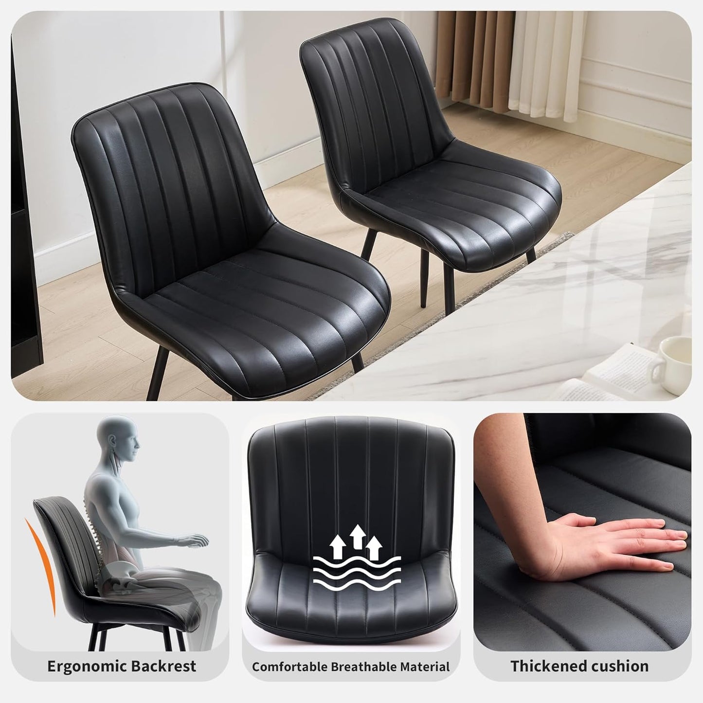 Dining Chairs Set of 2, Upholstered PU Leather Kitchen & Dining Chairs with Whale Backrest,Chair with Padded Seat and Metal Legs for Restaurant/Cafe