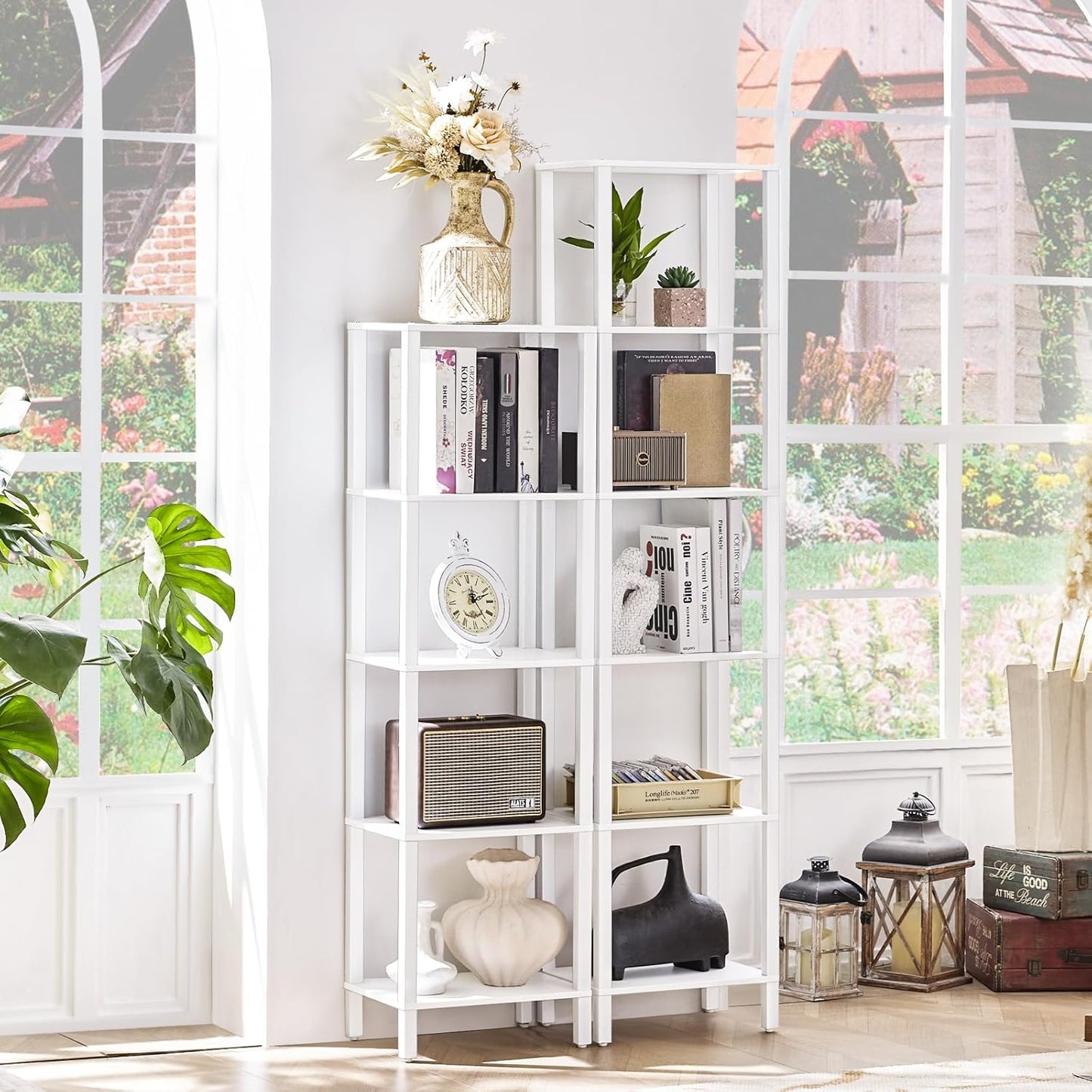 54in Tall Bookshelf 5-Tier Small Narrow Bookcase, Skinny Book Shelf for Small Space, Farmhouse Slim Shelf with Storage, Wood Freestanding Display Thin Bookshelves for Living Room, Office, White