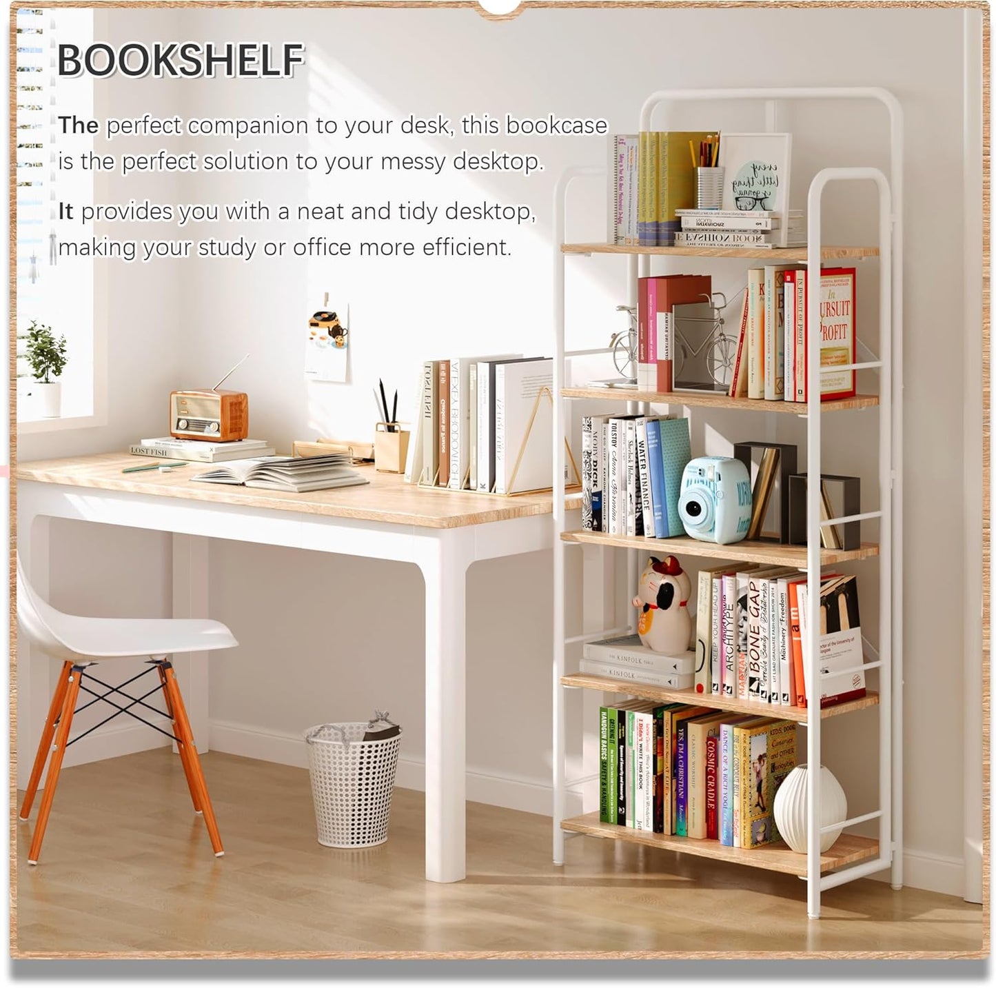 4NM No Assembly Folding Bookshelf 5 Tiers Vintage Industrial White Book Shelf Metal Foldable Storage Bookcase and Bookshelves for Living Room,Bedroom and Kitchen - Natural