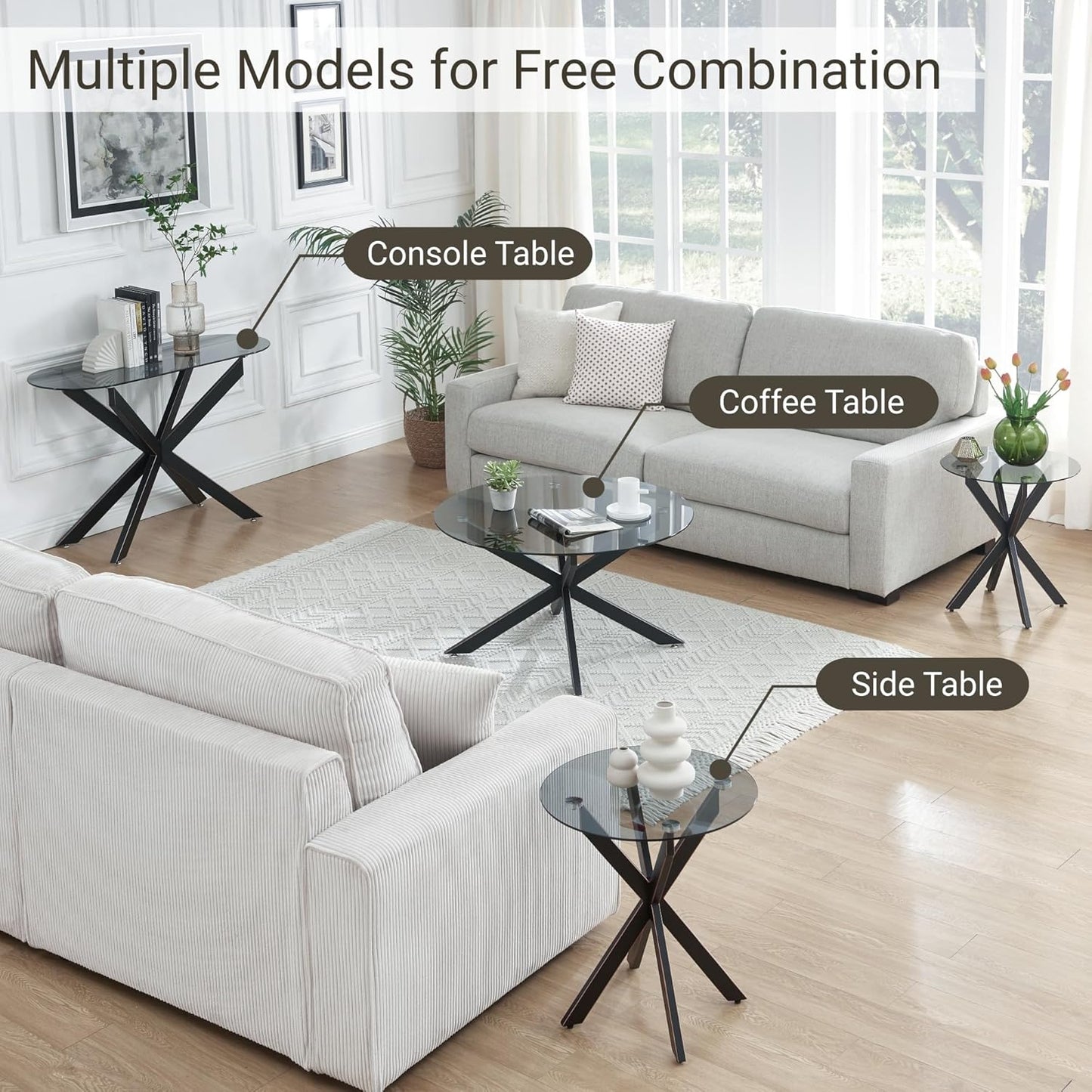 Modern Glass End Table, Small Round Side Table for Couch, Sofa Table with Grey Tempered Glass Top for Living Room, Bedroom, Bedside, 19.7" Wx21.7 H Black