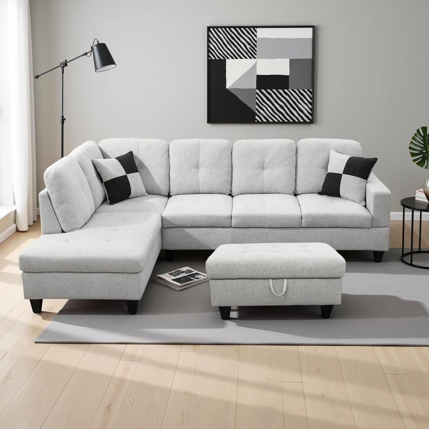 L Shaped Couch Modern Sectional Couch Upholstered Flannel Fabric 3 Pieces Sofas for Living Room with Chaise, Storage Ottoman for Office and Small Apartment, Light Grey