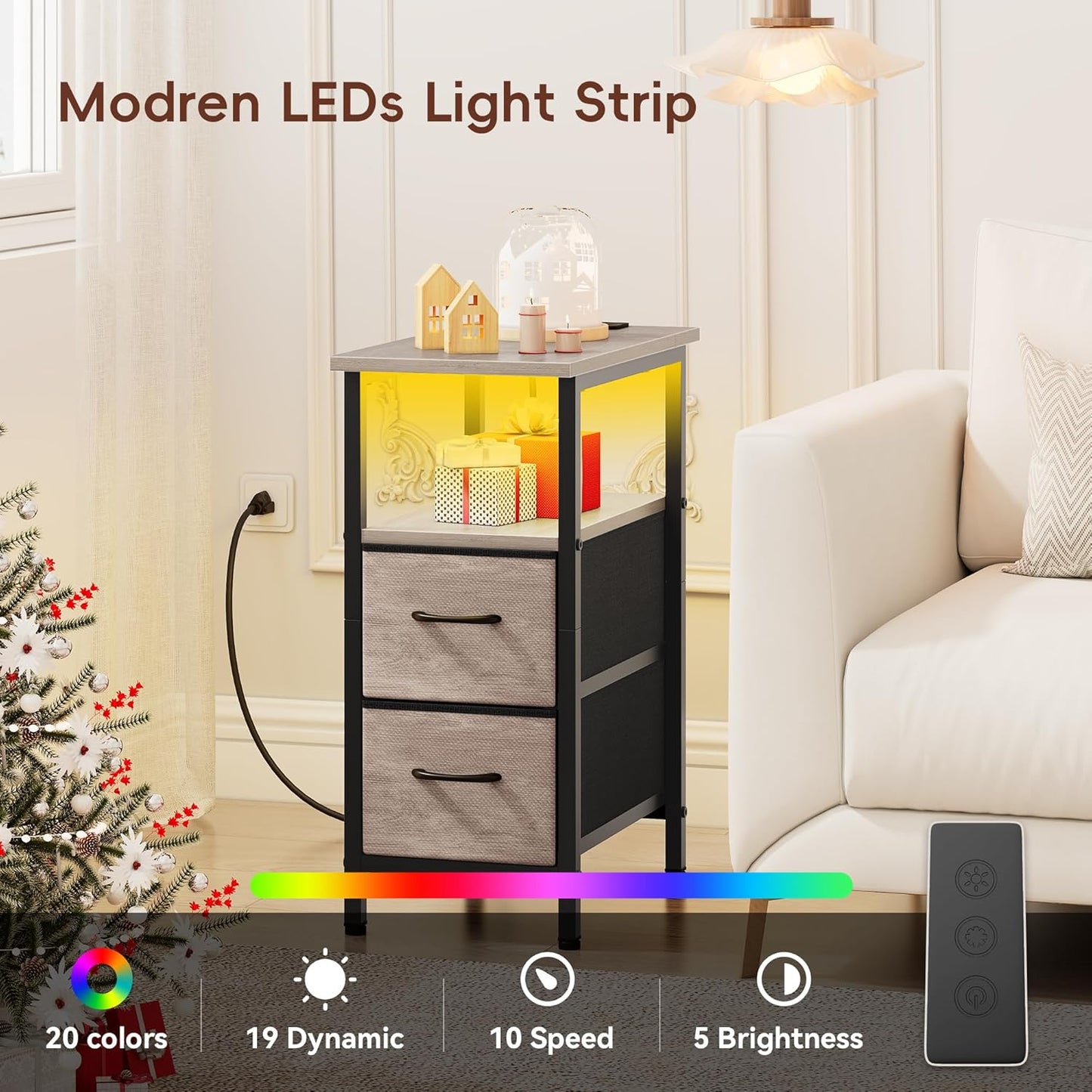 Vagusicc Set of 2 Nightstand with Charging Station and LED Lights, Narrow Side Table, LED Night Stand with 2 Fabric Drawers, Bedside Table Small End Table, Tall Nightstand for Bedroom, Rustic Grey