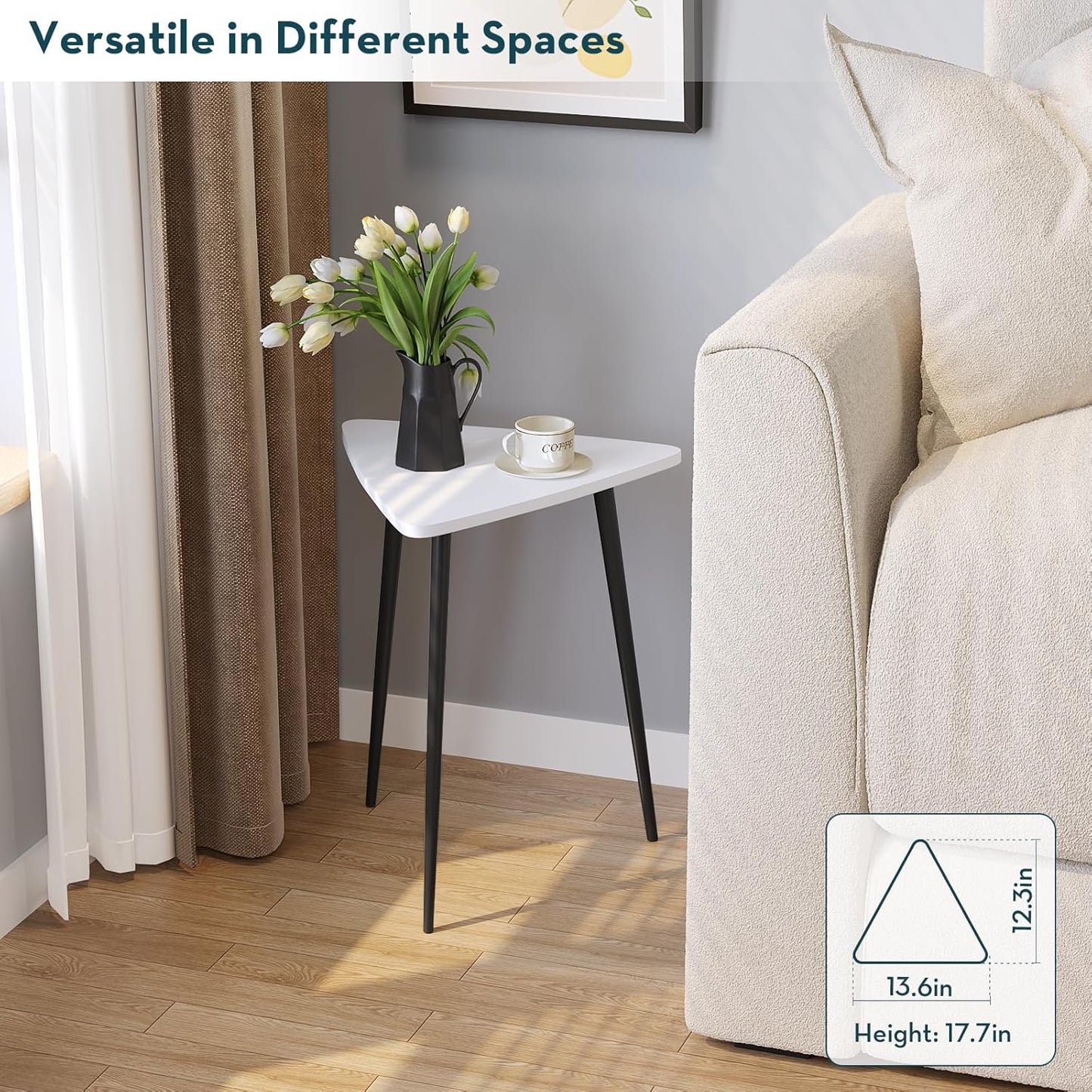 SAYGOER White Side Table Small Triangle End Tables Modern Narrow Sofa Table for Living Room Bedroom Small Space Unique Wooded Bedside Table,Medal Black Frame 13.5" W x 12.3" D x 17.7" H