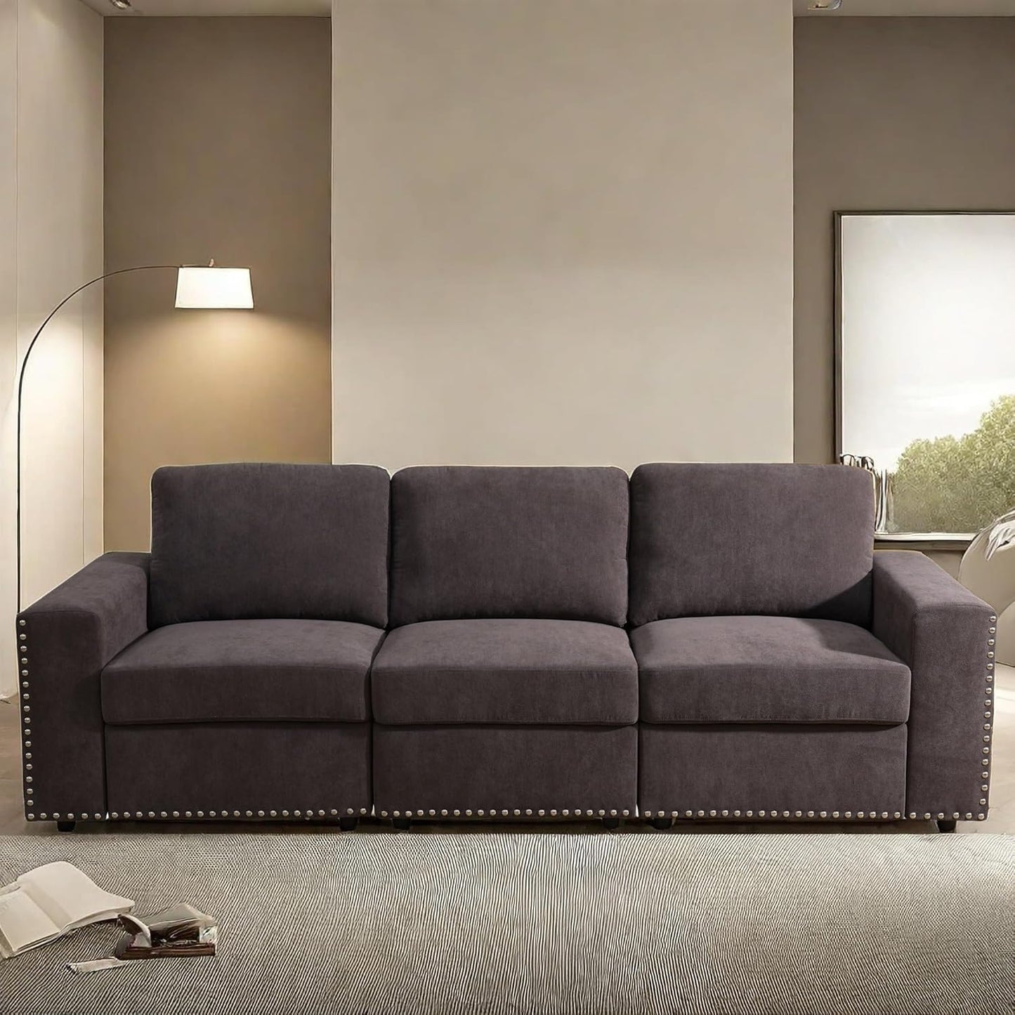 Sectional Couches for Living Room, 93″ Nail-Head Cloud Couches, Modern Comfy 3 Seater Sectional Sofa with Deep Seats for Bedroom, Office, Small Space, Brown