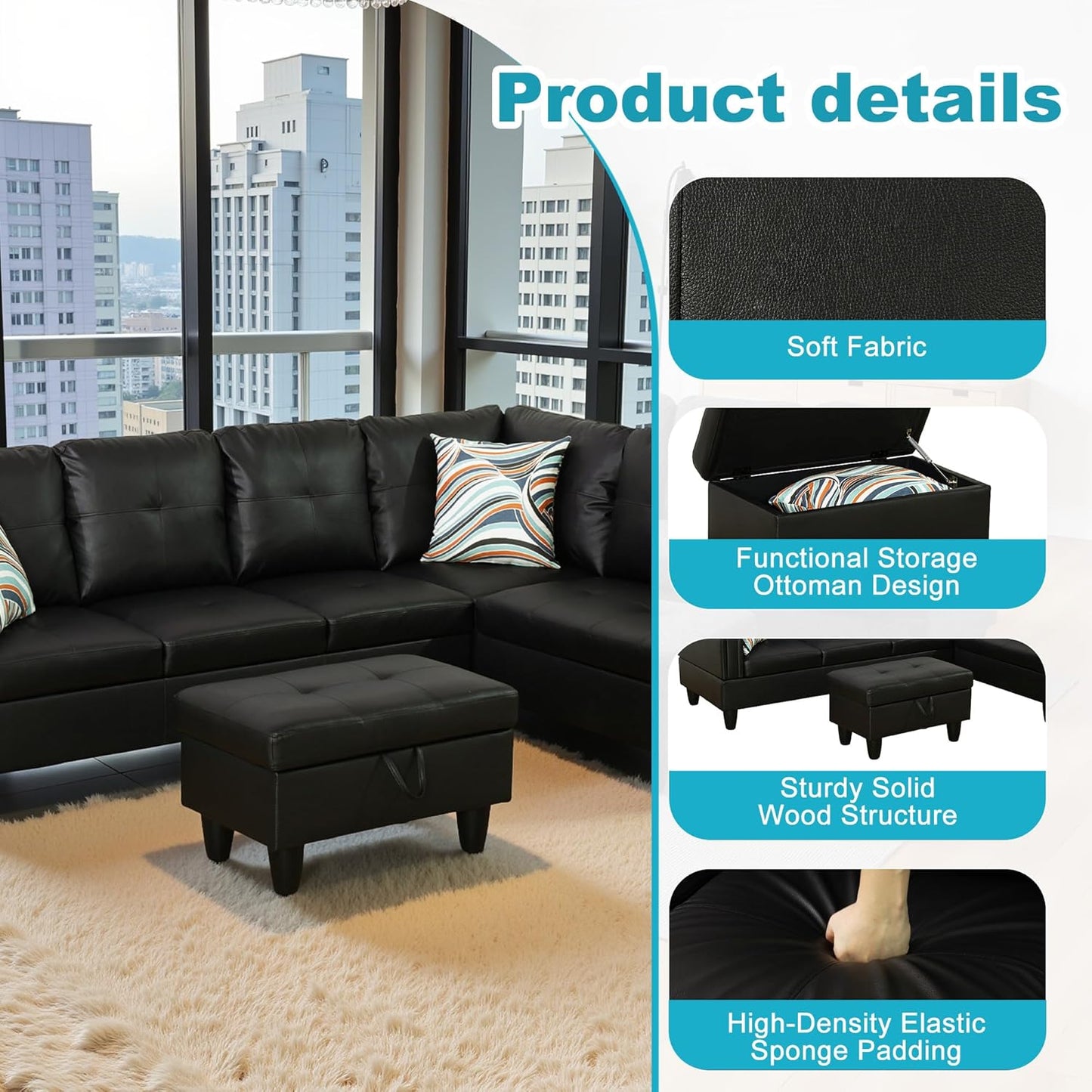 Couches for Living Room Faux Leather L Shaped Couch Comfy 3 Pieces Sectional Sofa with Chaise, Ottoman with Storage for Office and Small Apartment, Classic Black