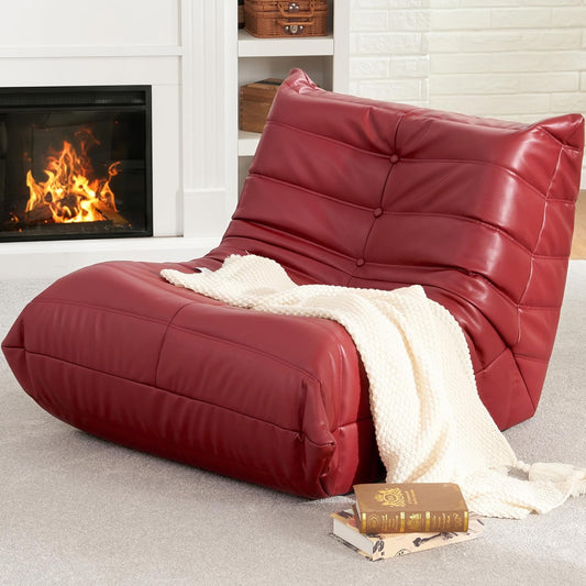 Hobestluk Giant Bean Bag Chair Lazy Floor Sofa, Memory Foam Fireside Sofa for Adults, Big Beanbag Faux Leather Armless Chair for Living Room Bedroom Dorm Office (WineRed, Single)
