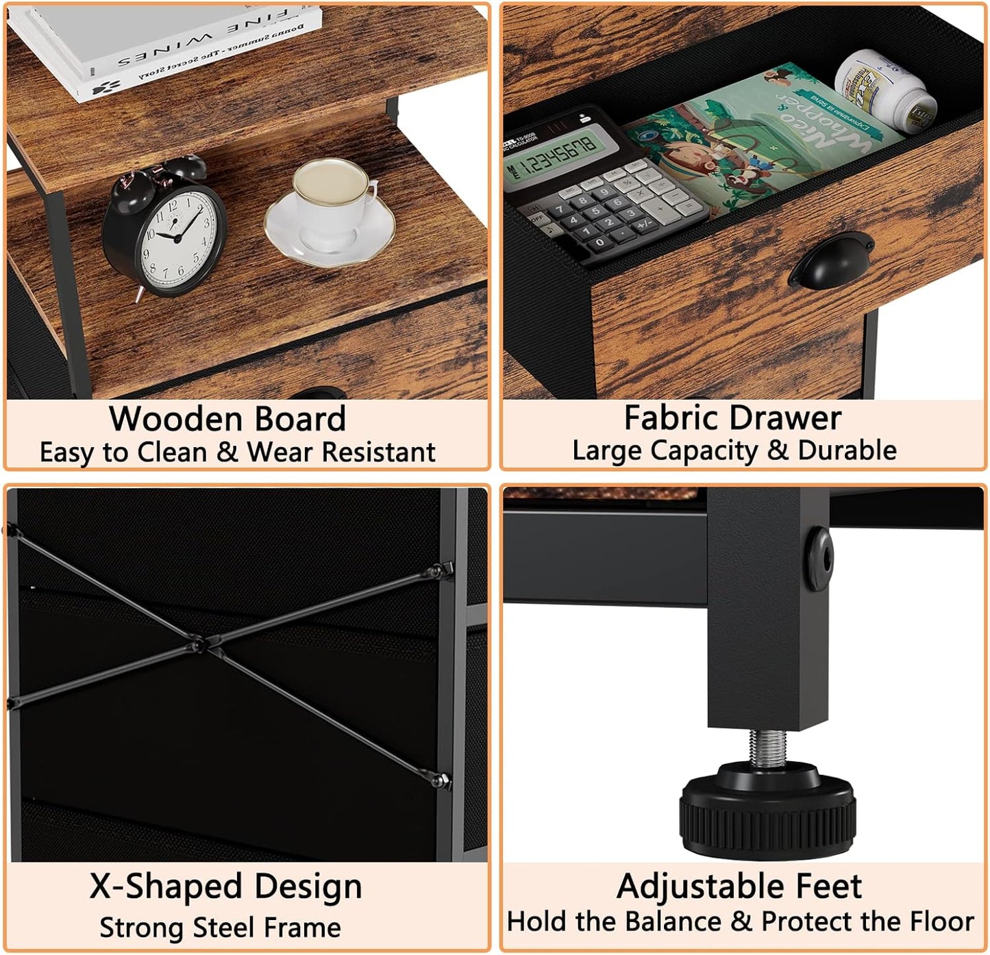 Furnulem Tall 5 Drawers Dresser, Vertical Storage Tower Fabric Dresser for Bedroom, Hallway, Entryway, Nursery, Closet Organizer, Nightstand Bedside Table Furniture, Sturdy Steel Frame, Wood Top