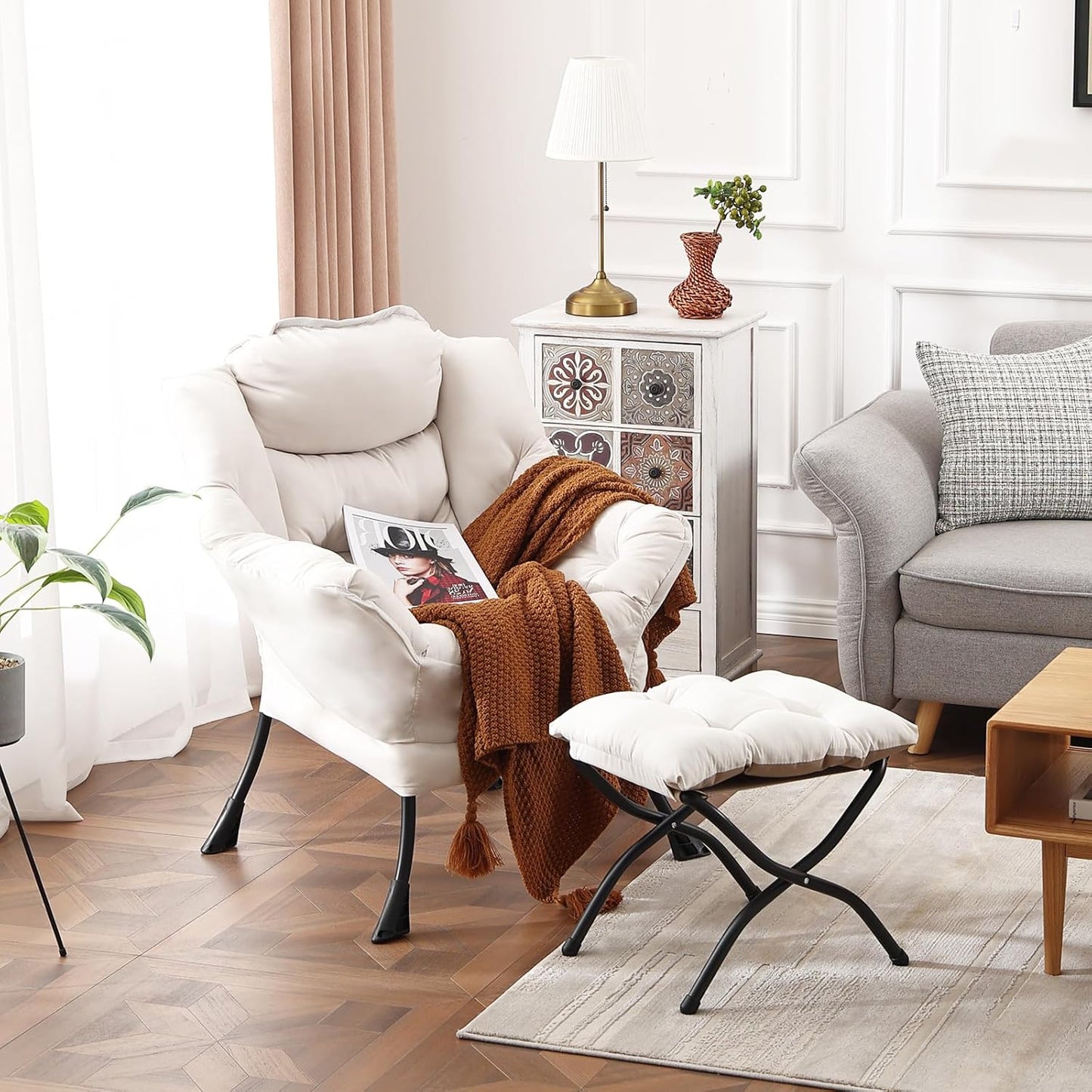 Lazy Chair with Ottoman, Modern Reading Lounge Accent Chair with Armrests and a Side Pocket, Leisure Upholstered Lazy Sofa Set with Footrest for Small Space, Beige