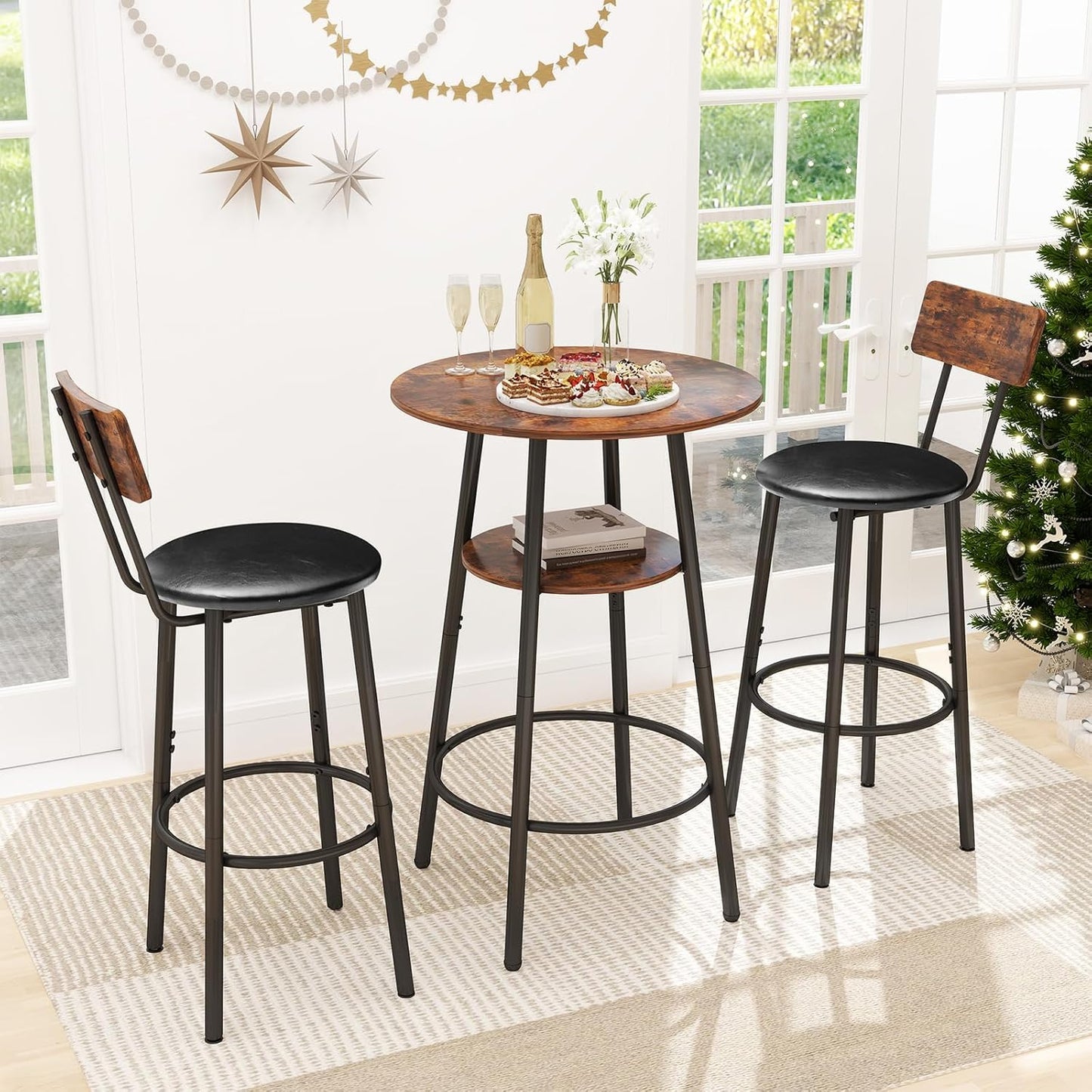 3 Pieces Round Bar Table and Chair Set, Small Dining Table for 2, Breakfast Table with Storage, Modern Kitchen Bar Table, 2 Upholstered Stools with Backrest for Dining Room & Bistro-Brown