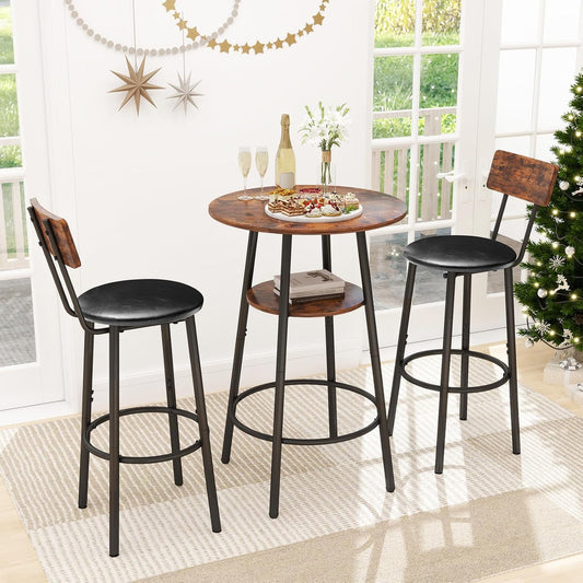3 Pieces Round Bar Table and Chair Set, Small Dining Table for 2, Breakfast Table with Storage, Modern Kitchen Bar Table, 2 Upholstered Stools with Backrest for Dining Room & Bistro-Brown