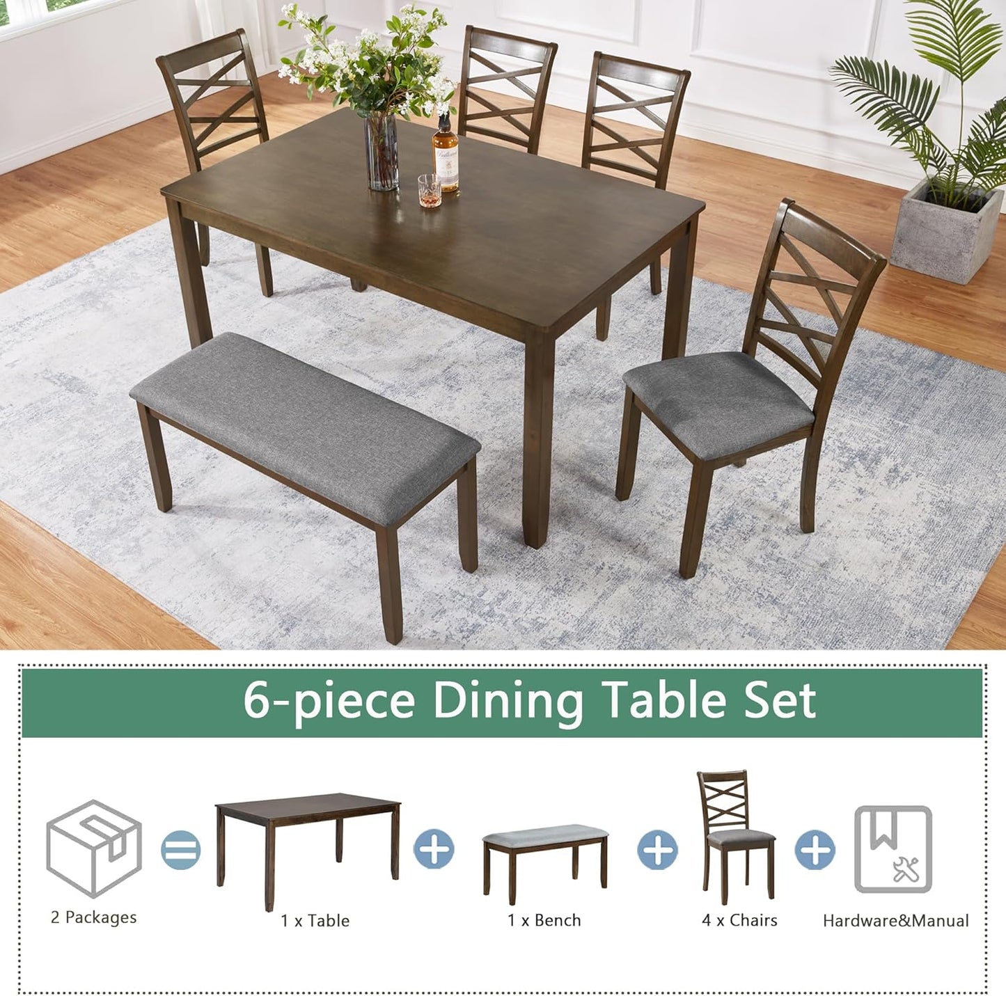 soges 6 Piece Kitchen Dining Set, Rectangular Wooden Dining Table with 4 Upholstered Chairs and a Bench, Morden Dining Table Set for 6 People, Living Room, Home Bar and Kitchen, Walnut