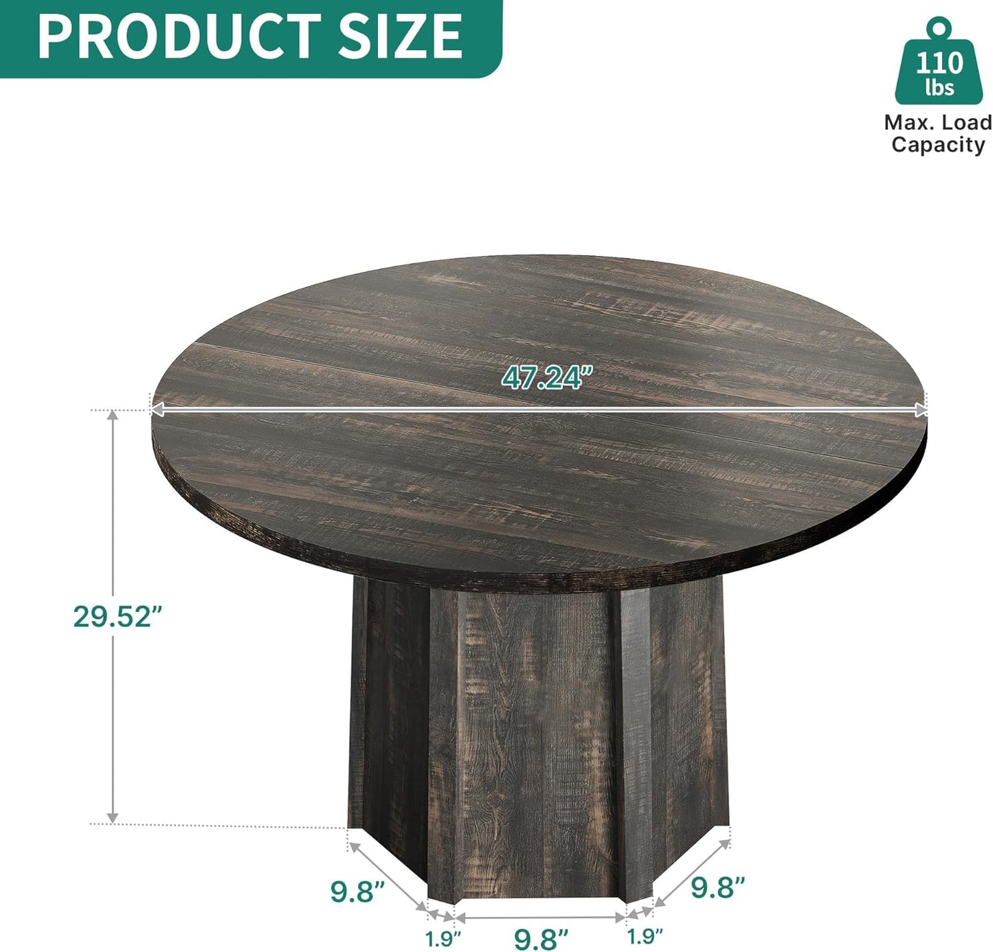 DWVO 47" Round Dining Table for 4-6 People Farmhouse Industrial Dinning Room Table with 1.18" Thickness Wood Grain Tabletop Rustic Circle Dining Table with Hexagonal Base for Eating Dinner Grey