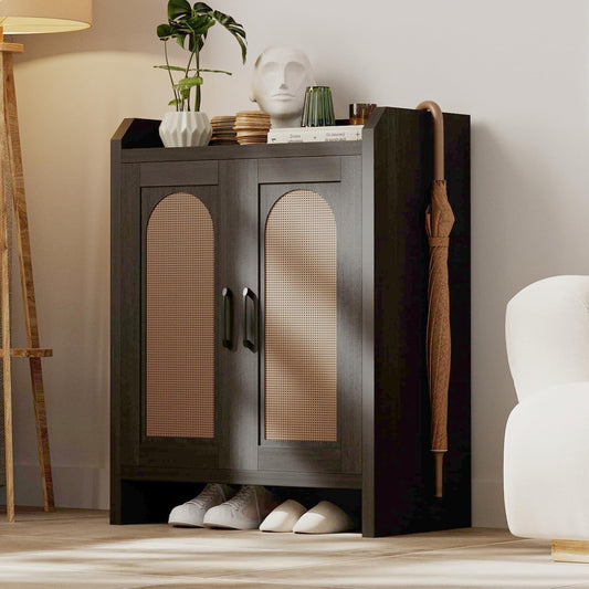 Shoe Cabinet Storage for Entryway, Natural Rattan Shoes Cupboard, Wooden Shoe Rack with Doors and Shelves, Farmhouse Boho Wood Shoe Organizer Cabinet for Hallway Black