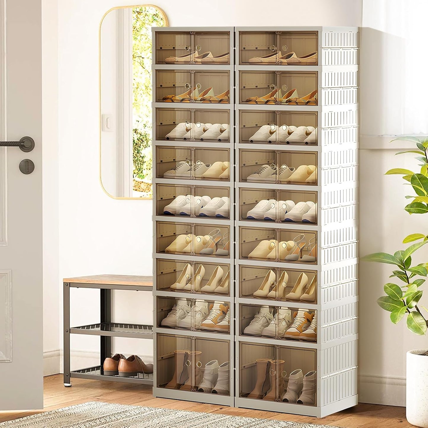 ELPHECO 9 Tier 36 Pairs Large Shoe Rack Organizer - Foldable Sneaker Cabinet Bins, Stackable Shoe Storage Shelf, Collapsible Shoe Cabinet with Double Doors for Entryway