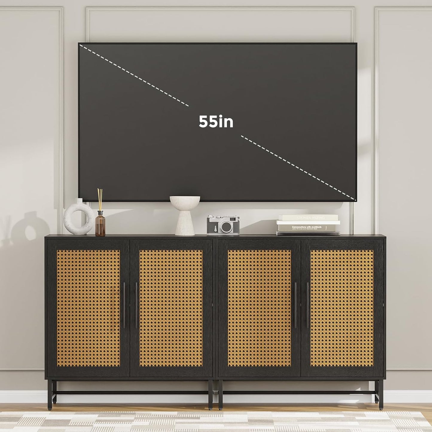 KFO Storage Cabinet with Rattan Doors, Free Standing Buffet Cabinet, Modern Sideboard for Living Room, Hallyway, Entryway