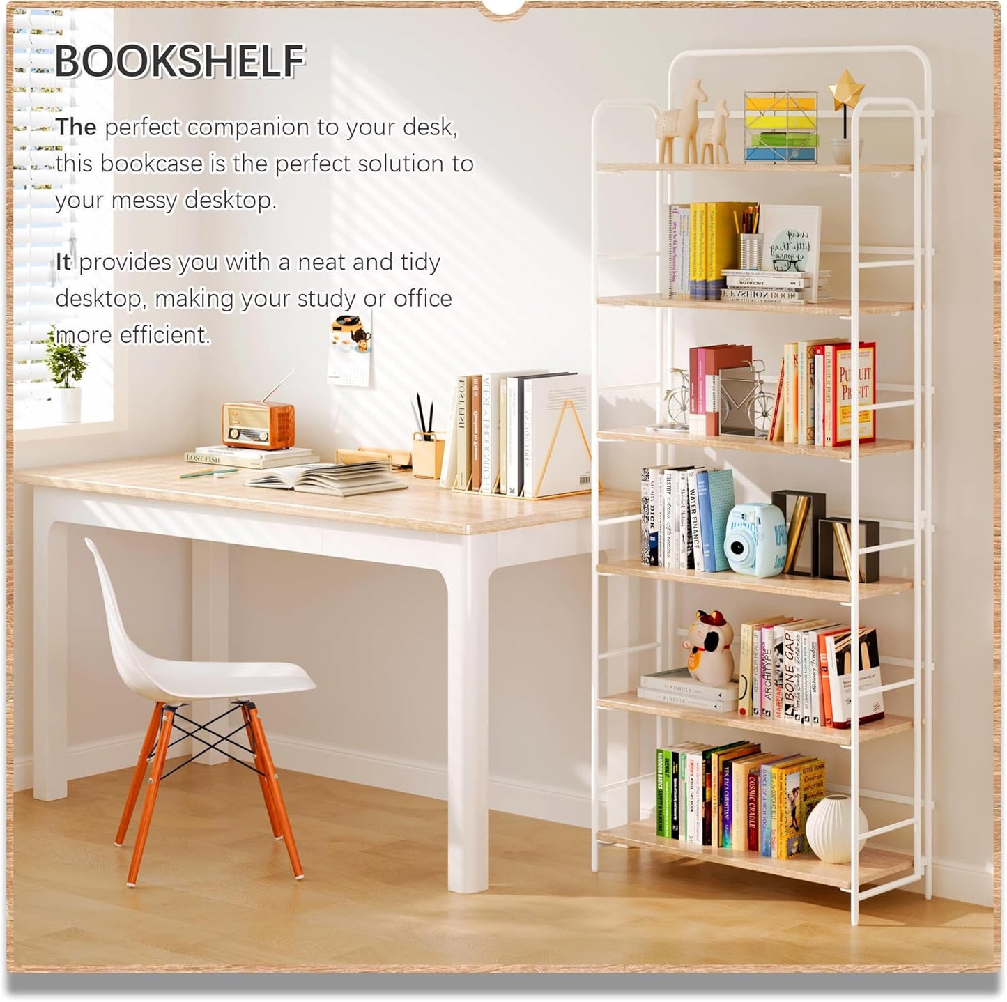 4NM No Assembly Folding Bookshelf 6 Tiers Vintage Industrial White Book Shelf Metal Foldable Storage Bookcase and Bookshelves for Living Room,Bedroom and Kitchen - Natural