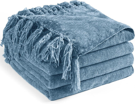 Chenille Throw Blanket for Couch 60"X 80" Twin, Soft Cozy Throws with Fringe Tassel for Bed Sofa Chair Cover, Lightweight Knitted Decorative Boho Blankets for Living Room, Dusty Blue