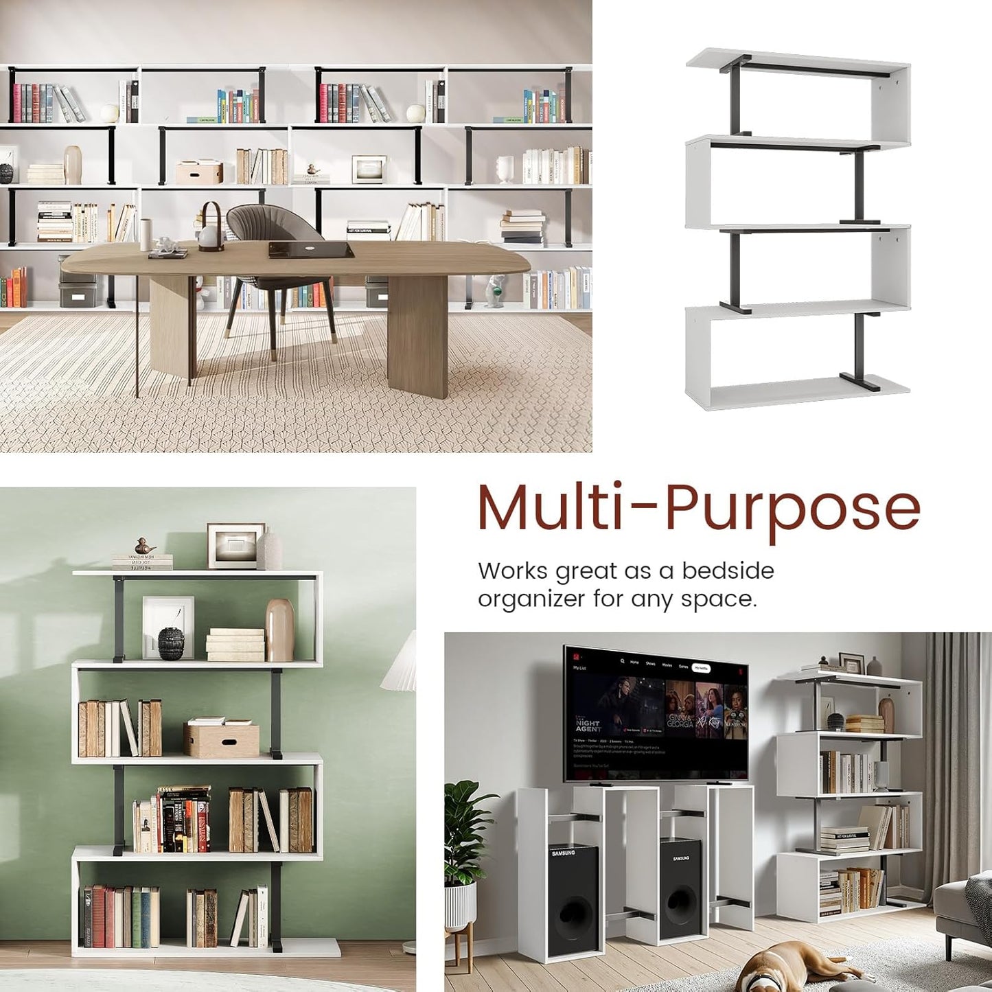 5-Tier Geometric Bookshelf, S Shaped Bookcase, 31.5" W x 58.3" H Wood Decorative Storage Shelving, Modern Freestanding Display Shelves, Tall Book Shelf Unit for Living Room Bedroom