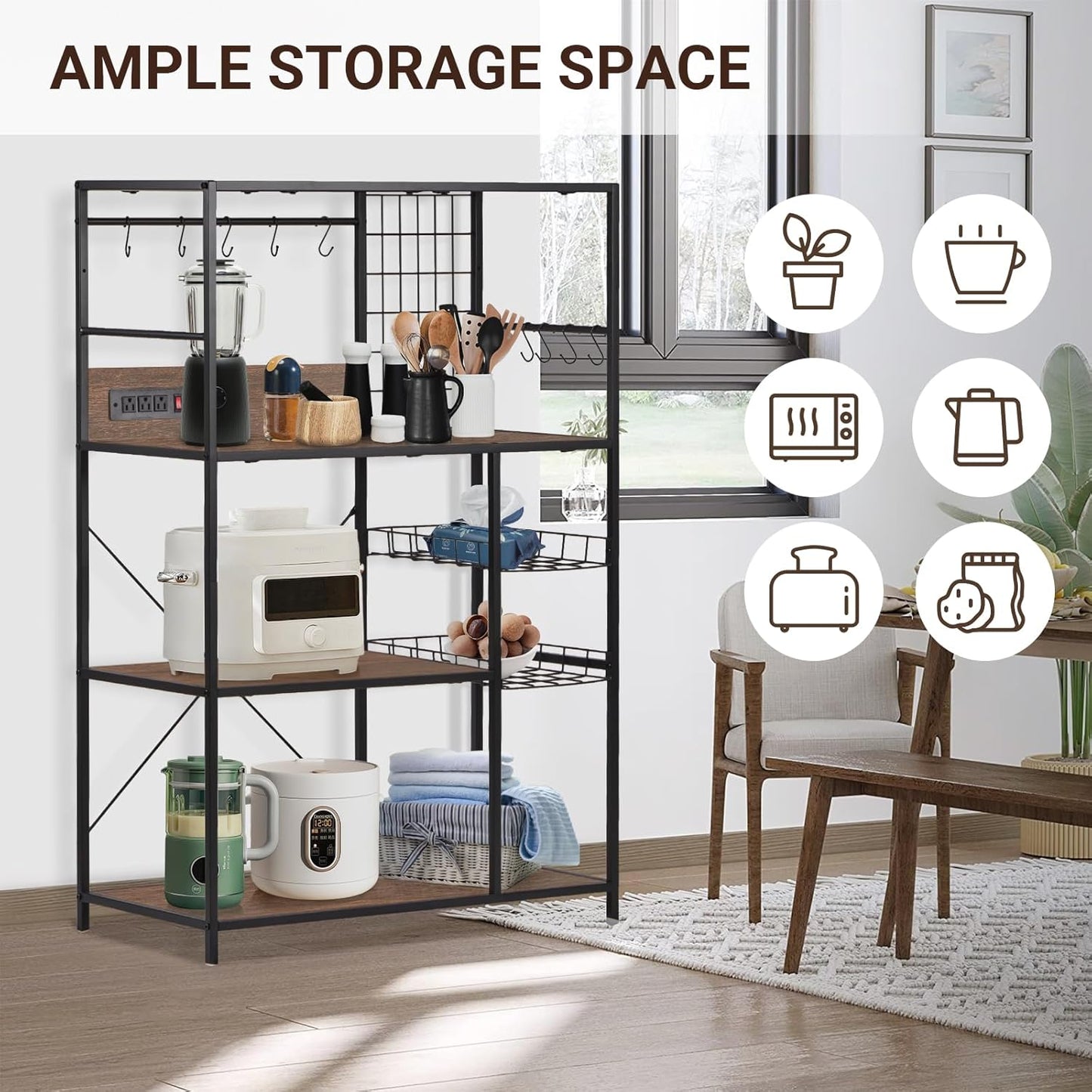 Bakers Rack with Power Outlet, Microwave Stand with Storage, Coffee Bar Organizer Cabinet with Wire Basket, Kitchen Shelf for Spices, 10 Hooks, Industrial, Brown