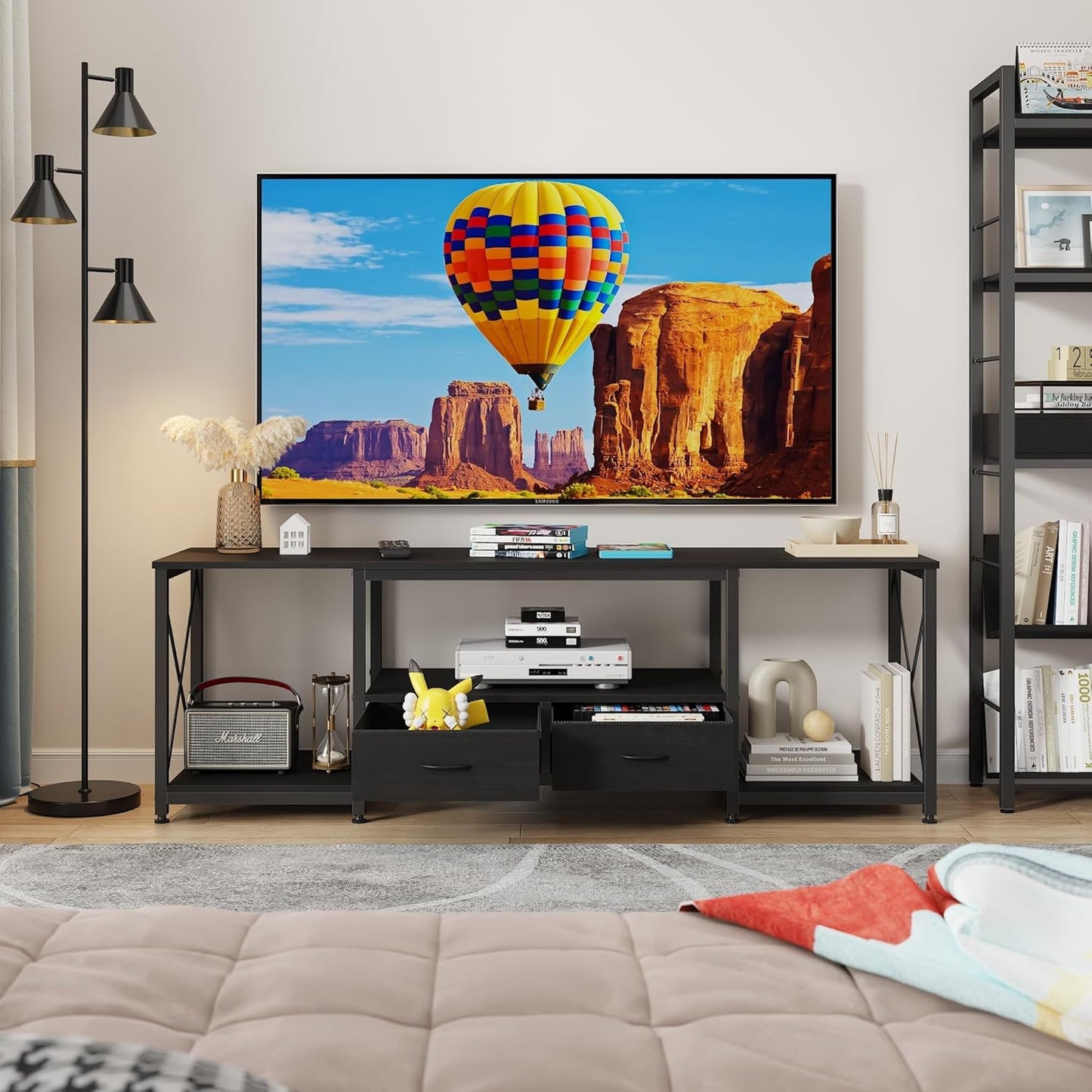 TV Stand with Fabric Drawers for 55 60 65 Inches TV - Entertainment Center and Industrial TV Console Table with Open Storage Shelves for Living Room, Bedroom - 55.1" Black