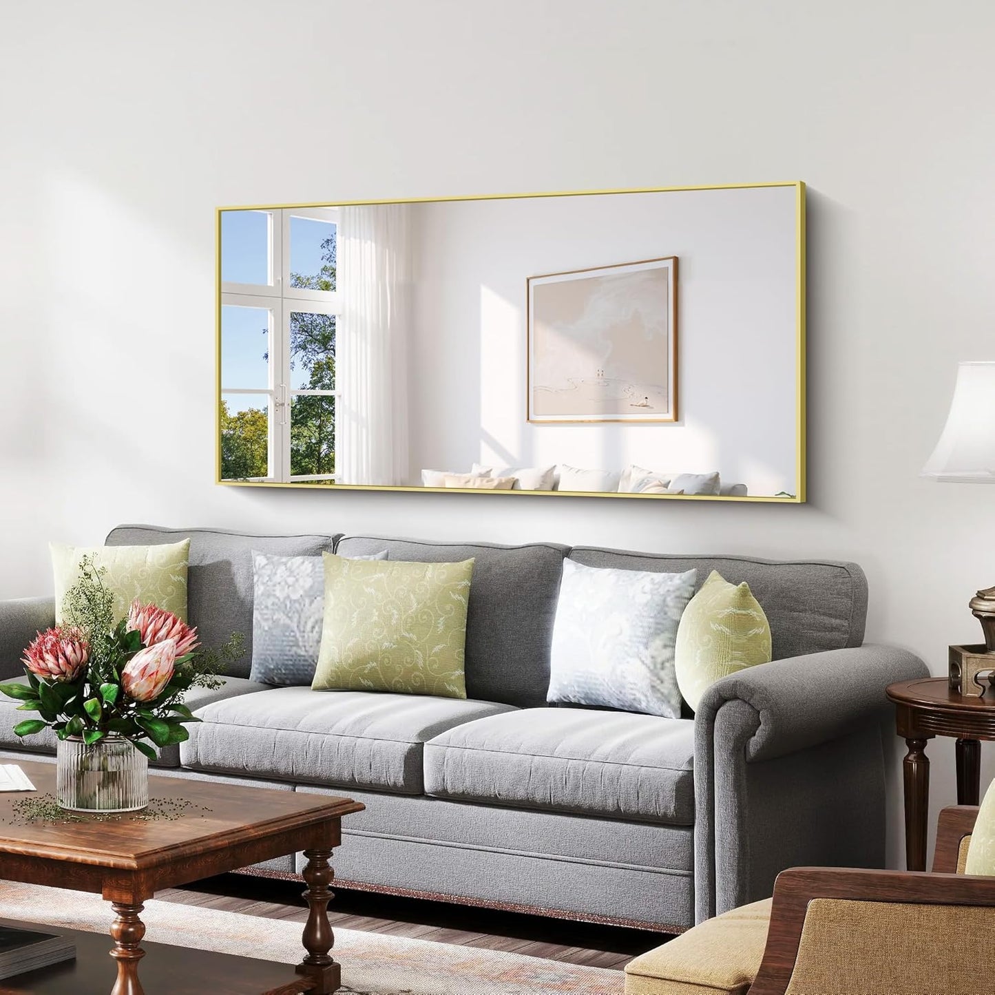 YIROMAN Bathroom Mirror 60"x30", Large Brushed Gold Bathroom Mirror for Over Sink with Aluminum Frame, Rectangular Vanity Mirror with Right Angle, Wall Mirror Hangs Horizontal or Vertical